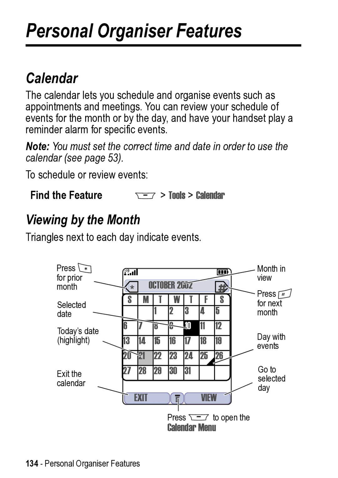 Motorola 031431a manual Personal Organiser Features, Viewing by the Month, Tools Calendar, Calendar Menu 