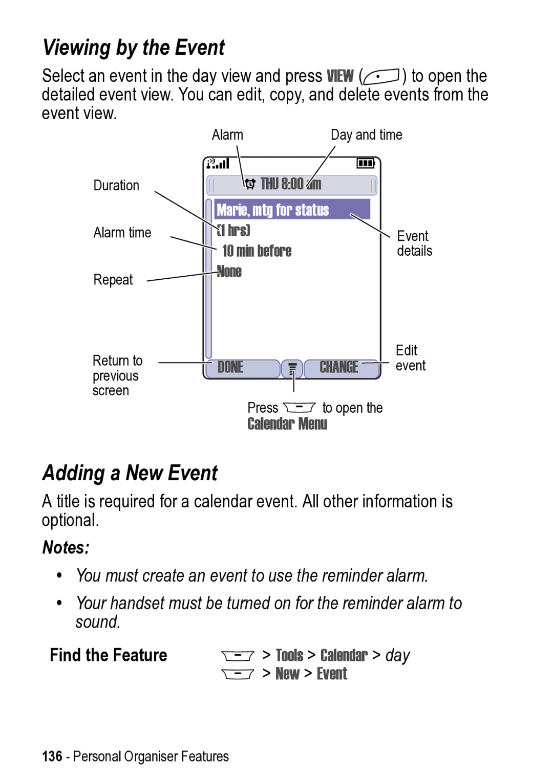 Motorola 031431a manual Viewing by the Event, Adding a New Event, Find the Feature M Tools Calendar day M New Event 