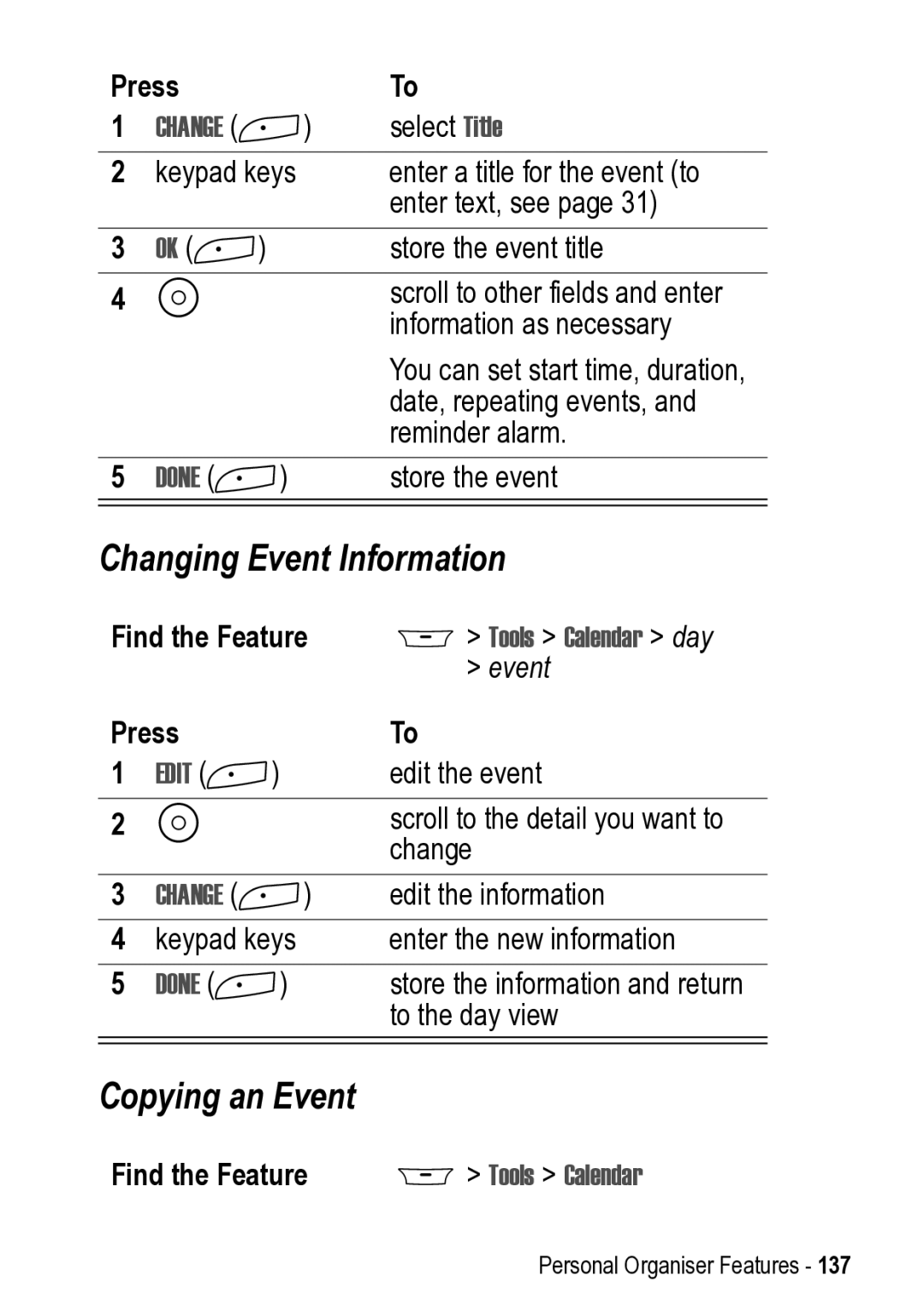 Motorola 031431a manual Changing Event Information, Copying an Event, Tools Calendar day 