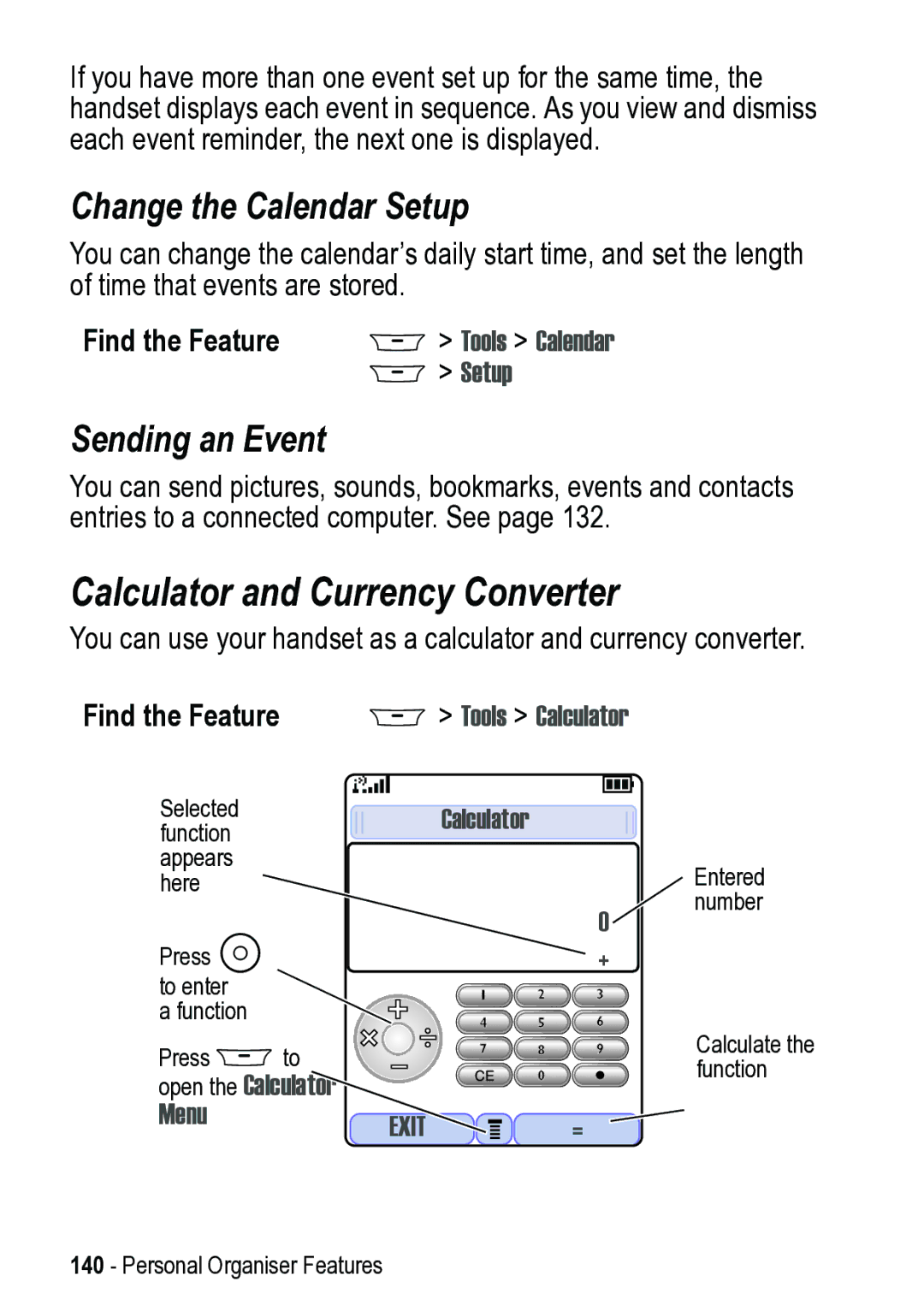 Motorola 031431a manual Calculator and Currency Converter, Change the Calendar Setup, Sending an Event, Tools Calculator 