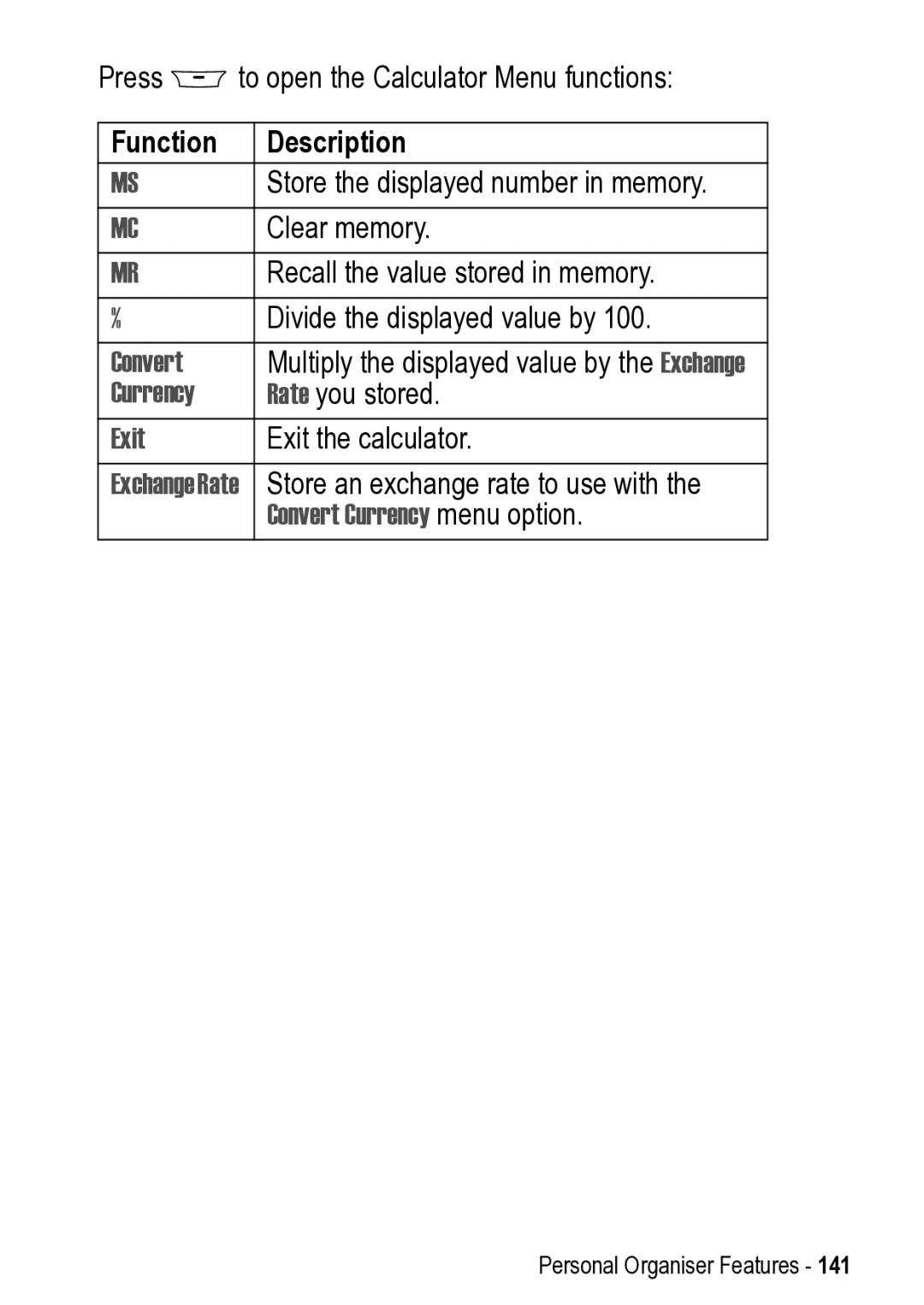 Motorola 031431a manual Exchange Rate, Convert Currency menu option 