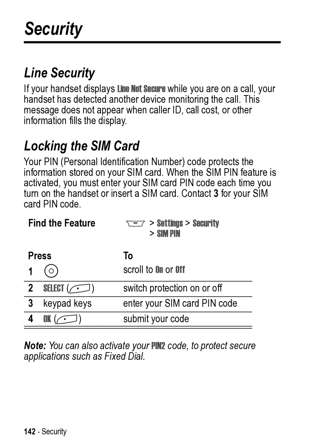 Motorola 031431a manual Line Security, Locking the SIM Card 