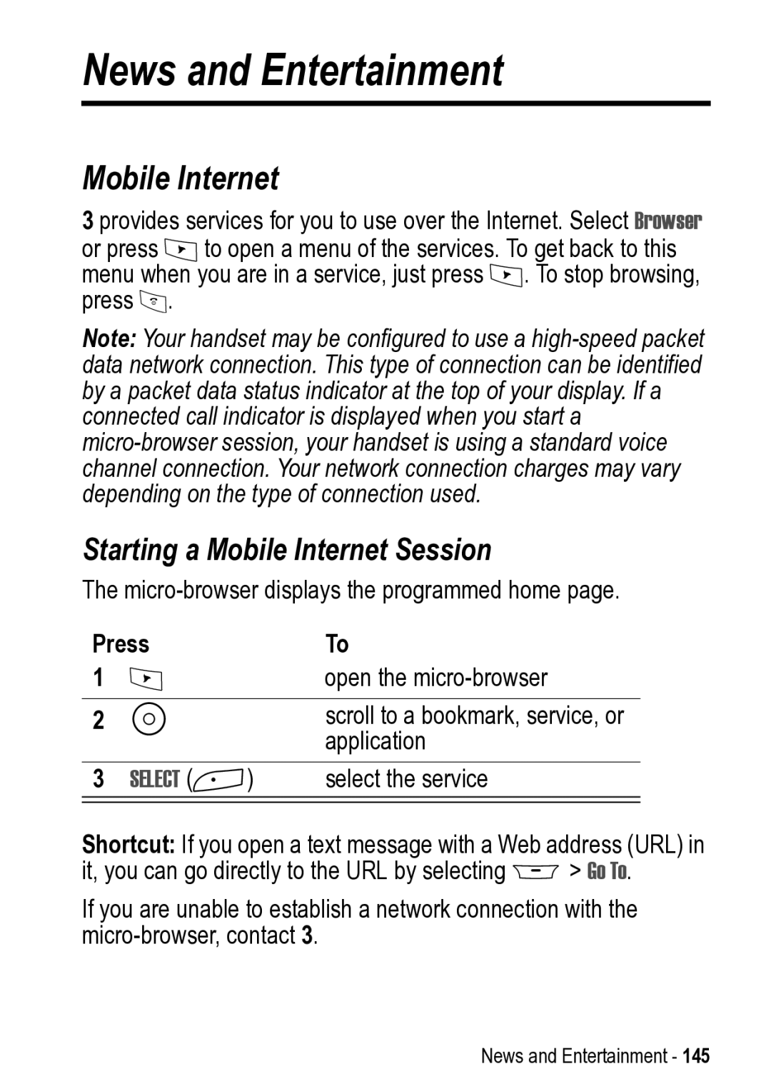 Motorola 031431a manual News and Entertainment, Starting a Mobile Internet Session 