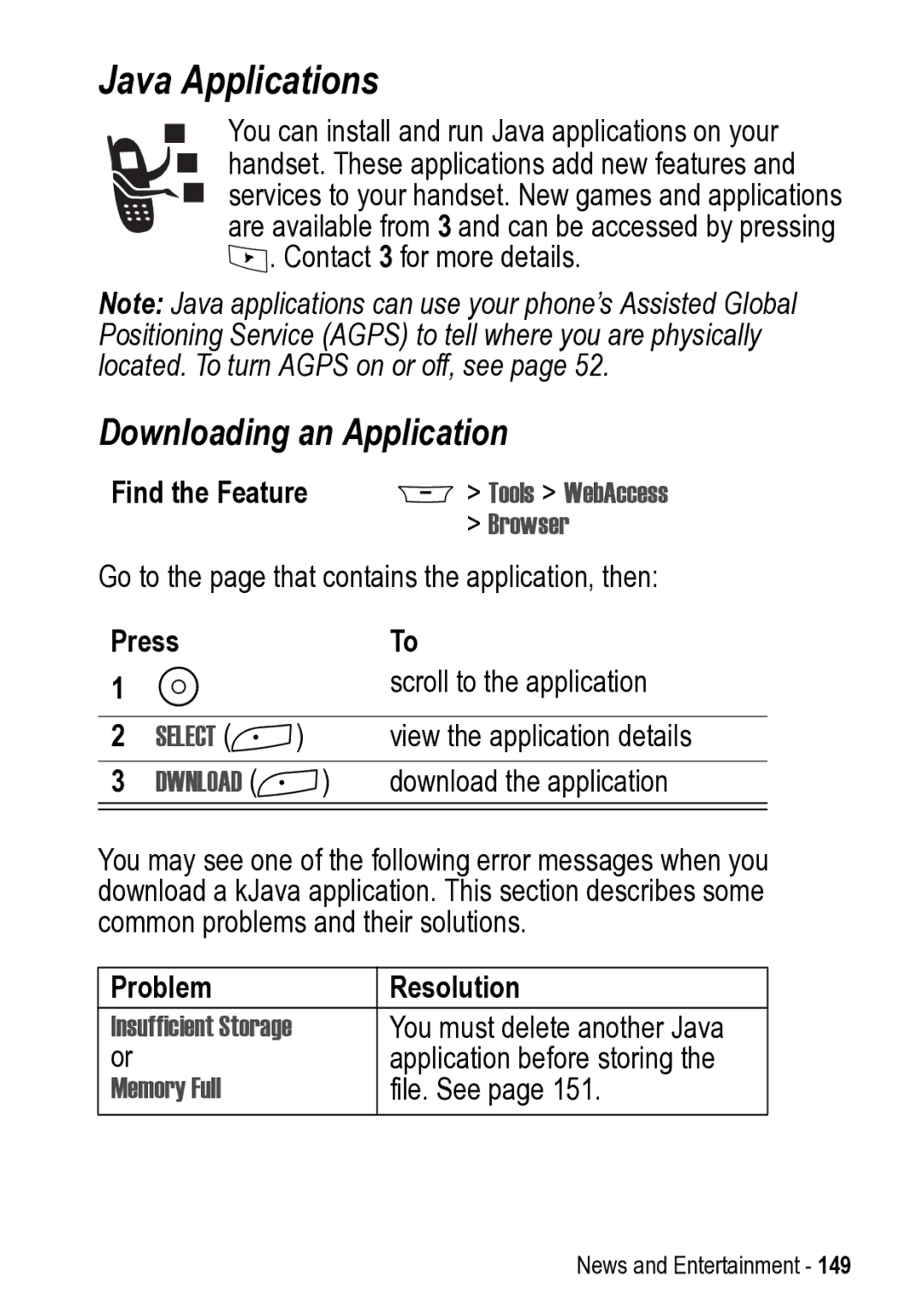 Motorola 031431a manual Java Applications, Downloading an Application, Problem Resolution 