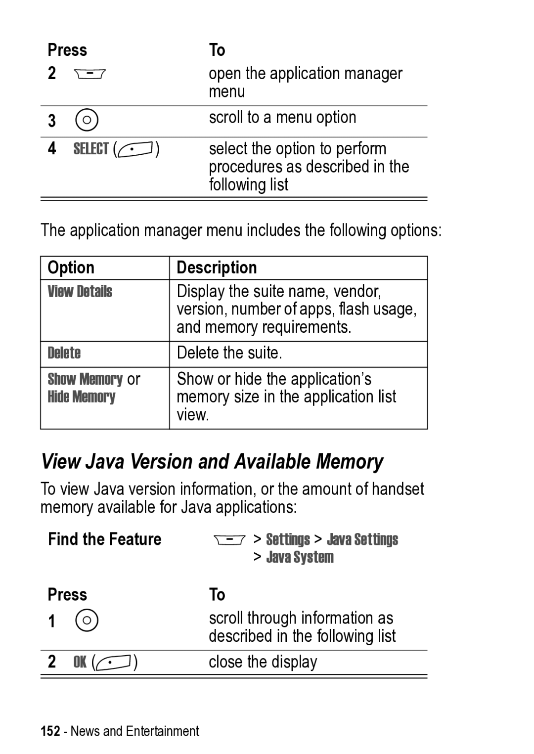 Motorola 031431a manual View Java Version and Available Memory, View Details, Show Memory or, Hide Memory, Java System 