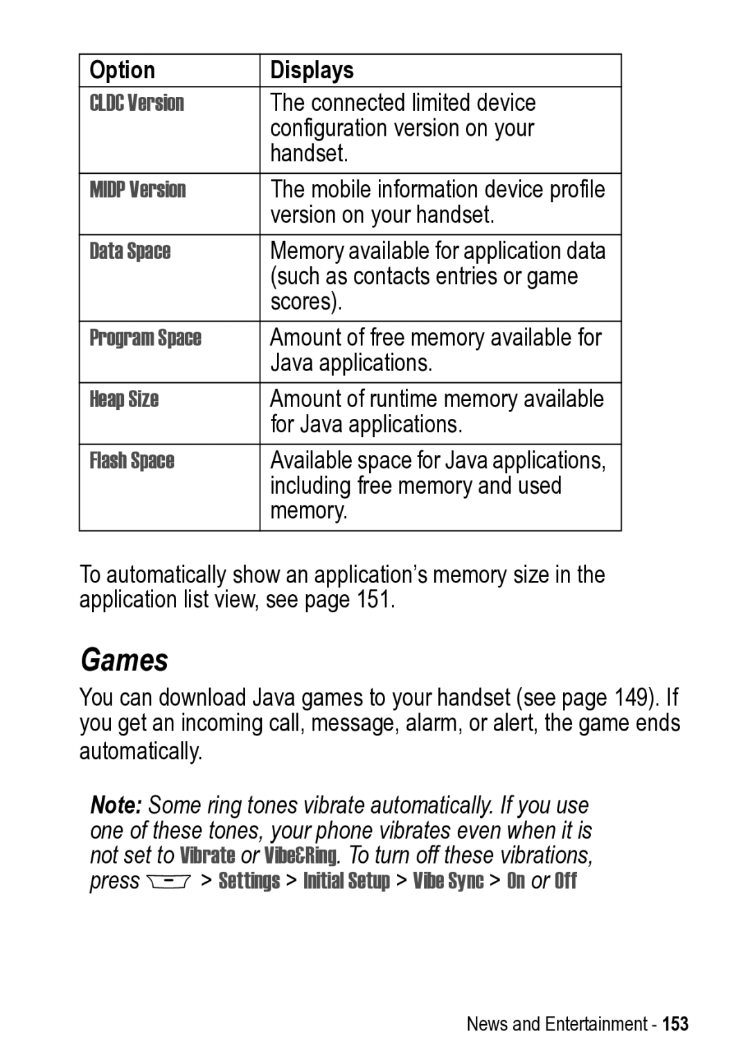 Motorola 031431a manual Games, Option Displays 