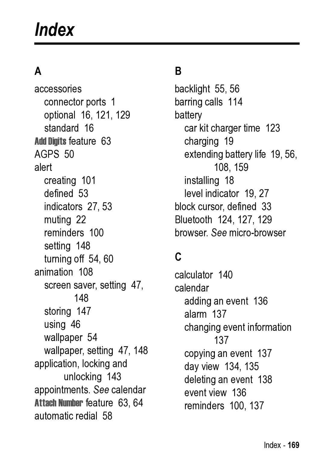 Motorola 031431a manual Index, Add Digits feature 63 Agps 