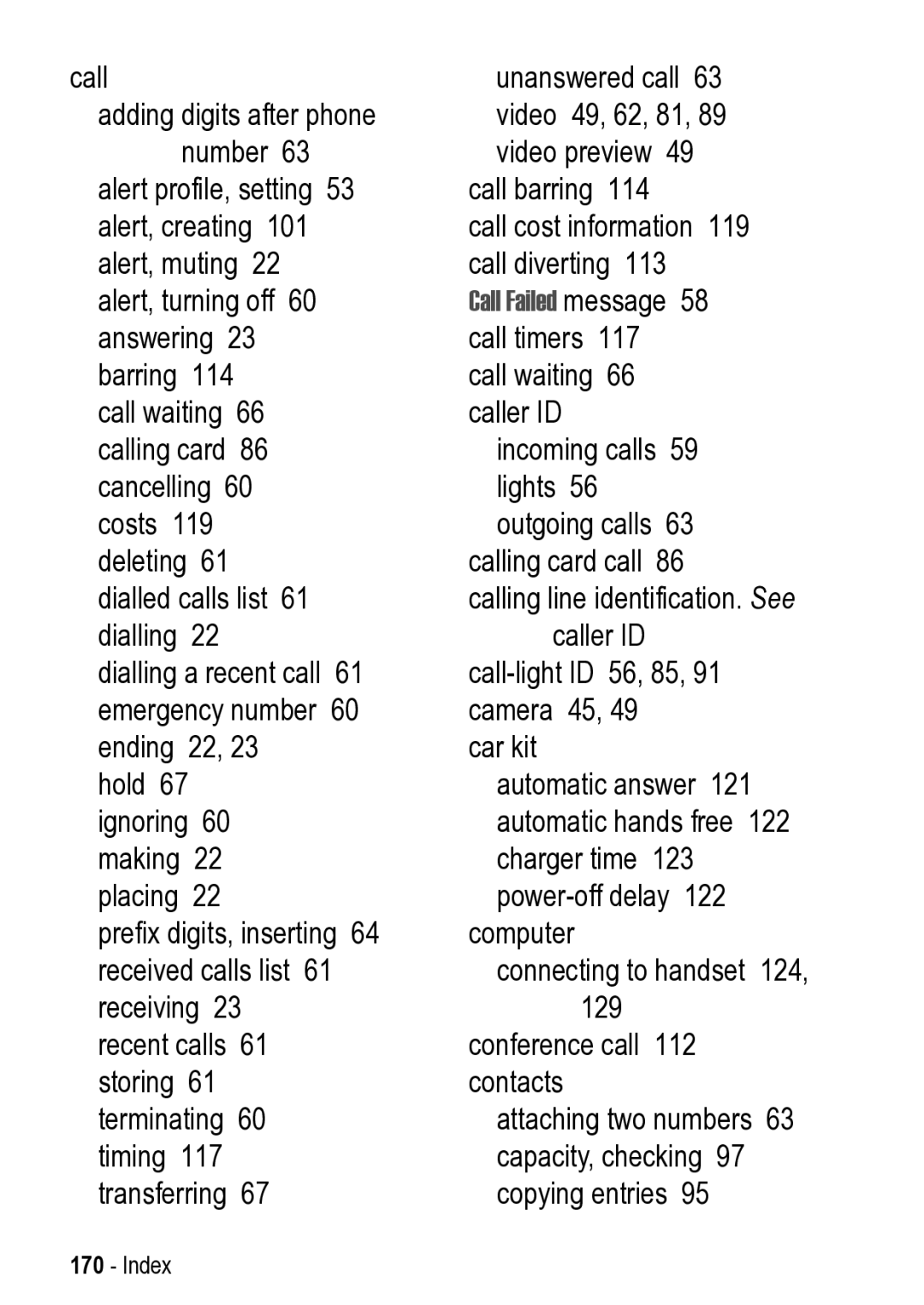 Motorola 031431a manual Call Failed message 58 call timers 