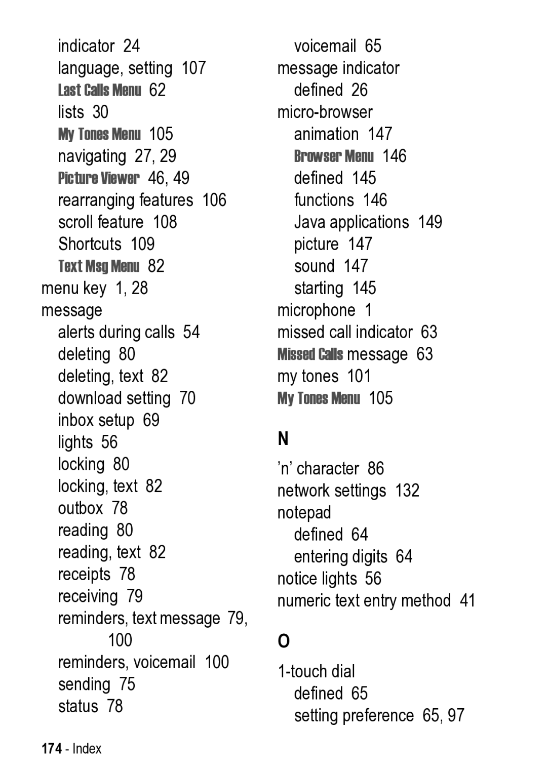 Motorola 031431a manual My Tones Menu 105 navigating 27, 29 Picture Viewer 46, Text Msg Menu 