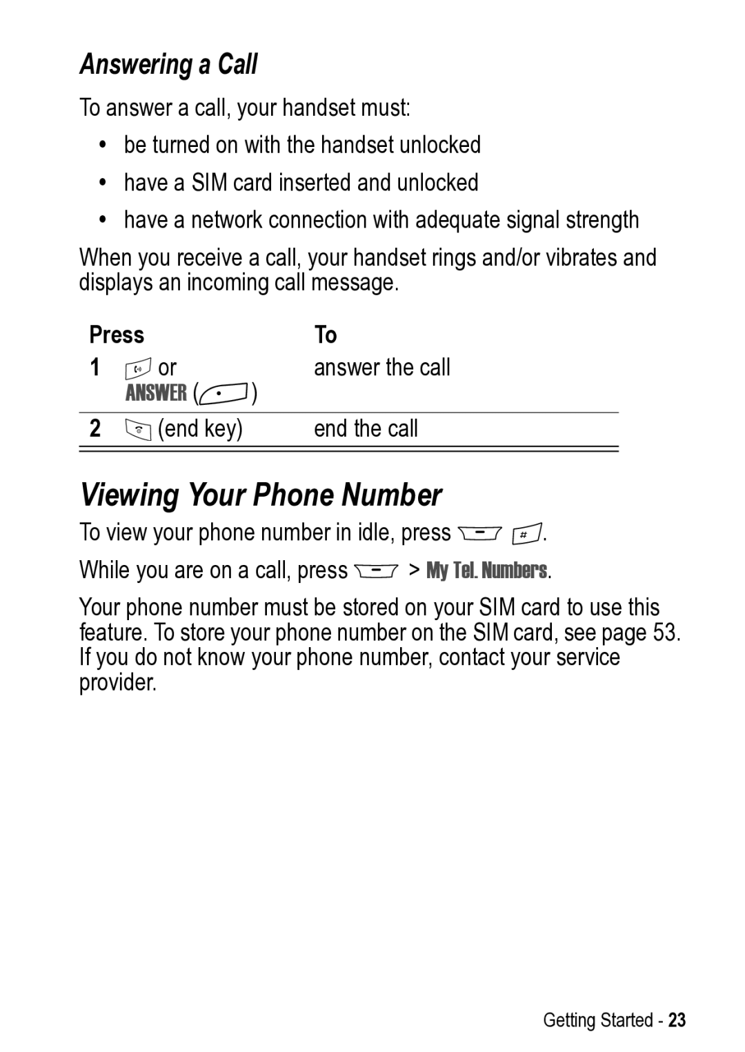 Motorola 031431a manual Viewing Your Phone Number, Answering a Call 