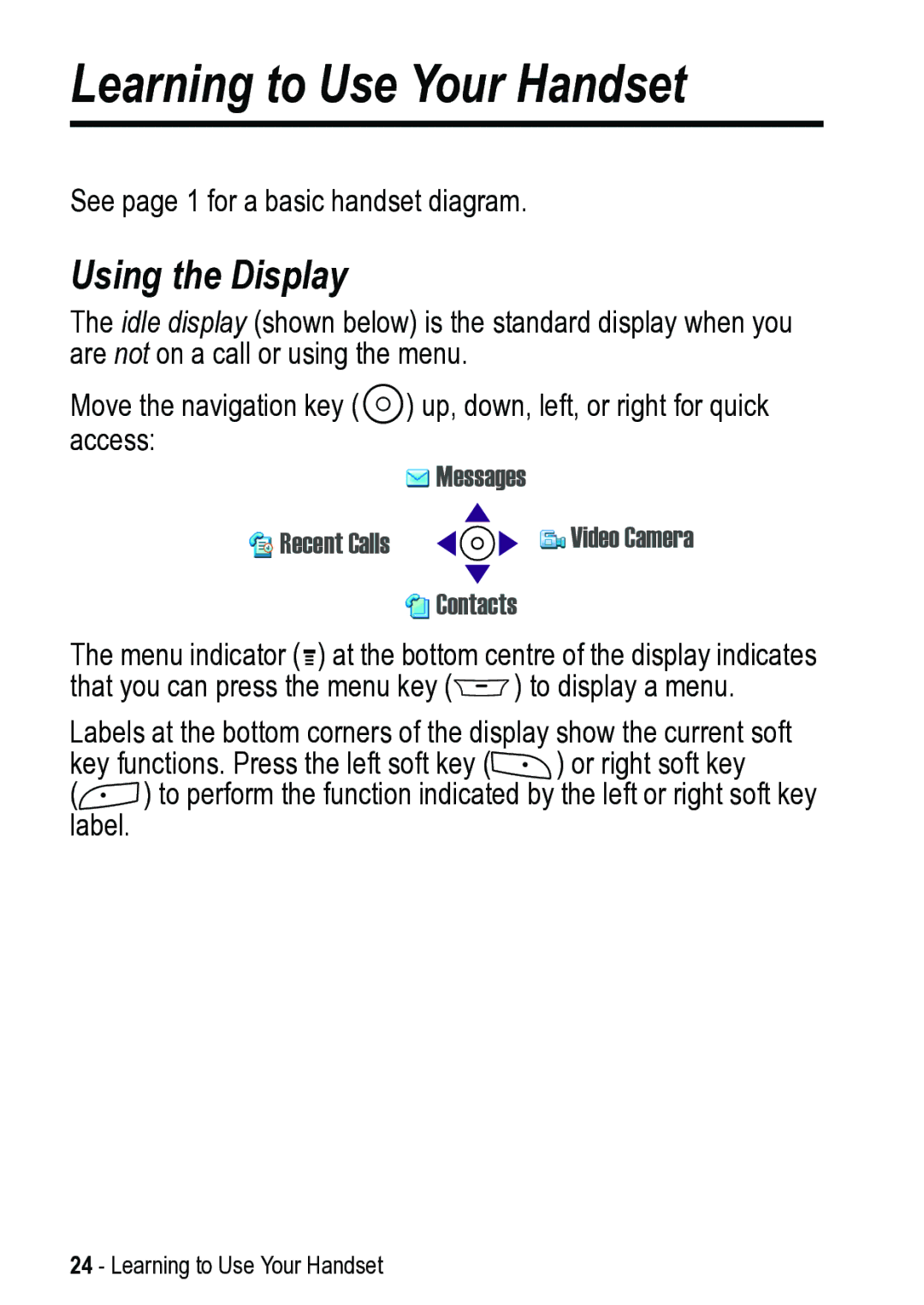 Motorola 031431a manual Learning to Use Your Handset, Using the Display, Messages Recent Calls, Contacts 