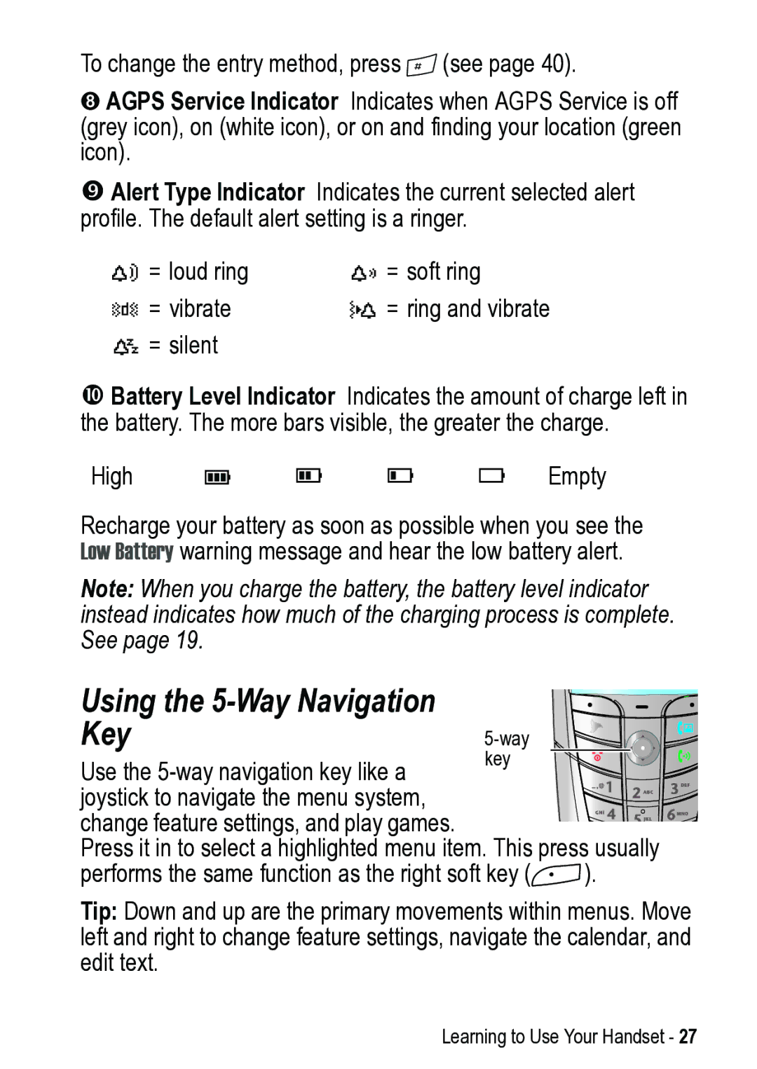 Motorola 031431a manual Using the 5-Way Navigation Key 