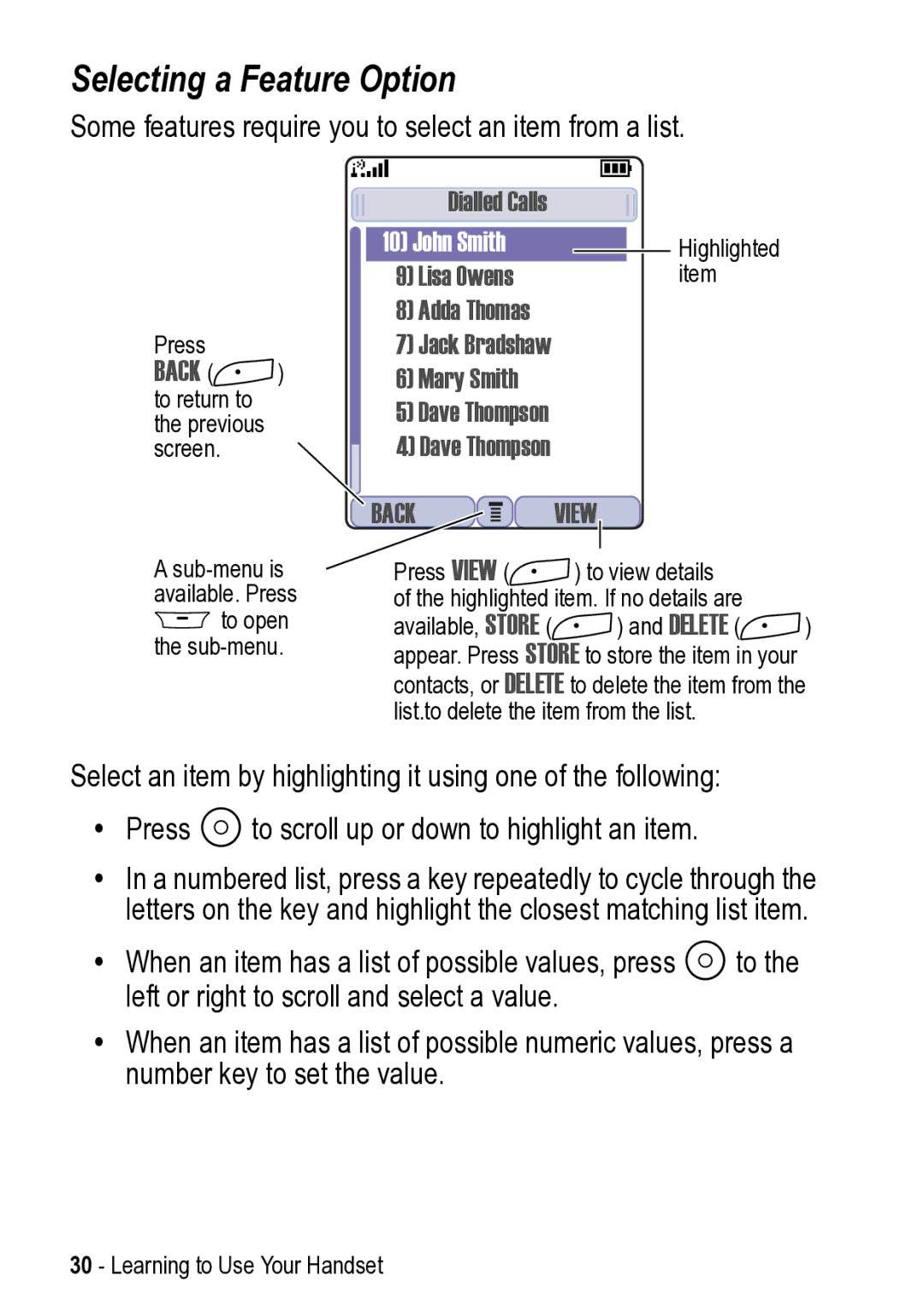 Motorola 031431a manual Selecting a Feature Option, Back + 