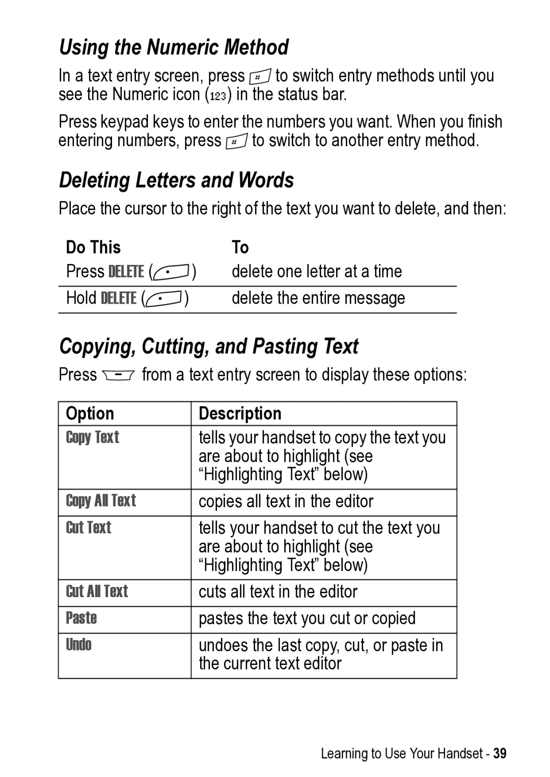 Motorola 031431a manual Using the Numeric Method, Deleting Letters and Words, Copying, Cutting, and Pasting Text 