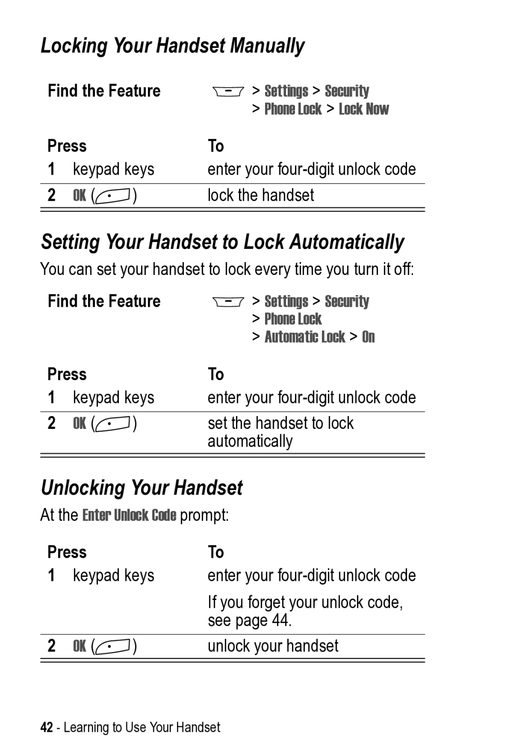 Motorola 031431a manual Locking Your Handset Manually, Setting Your Handset to Lock Automatically, Unlocking Your Handset 