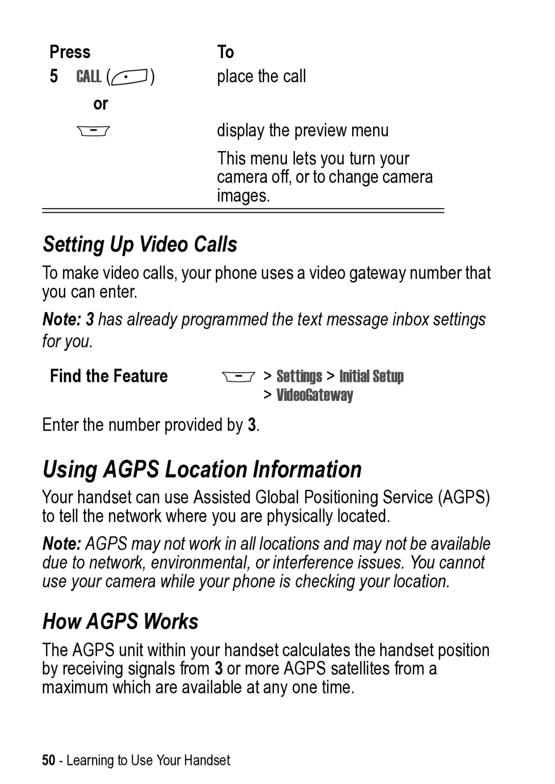 Motorola 031431a manual Using Agps Location Information, Setting Up Video Calls, How Agps Works 