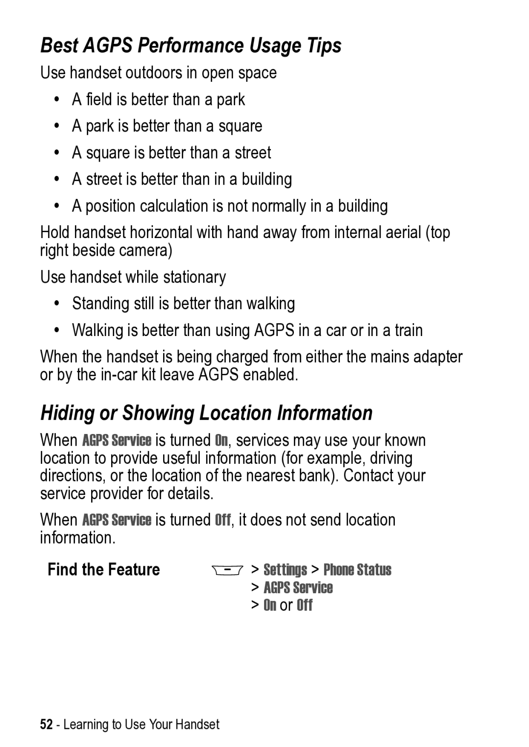 Motorola 031431a manual Best Agps Performance Usage Tips, Hiding or Showing Location Information, Settings Phone Status 