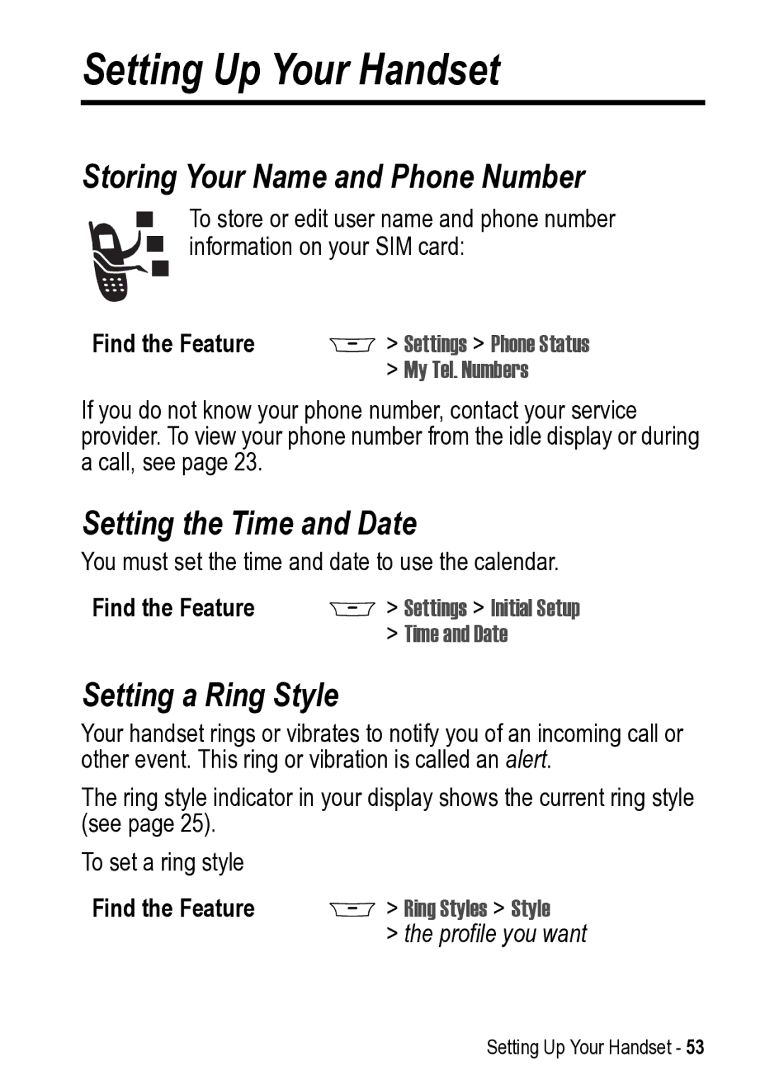 Motorola 031431a manual Setting Up Your Handset, Storing Your Name and Phone Number, Setting the Time and Date 