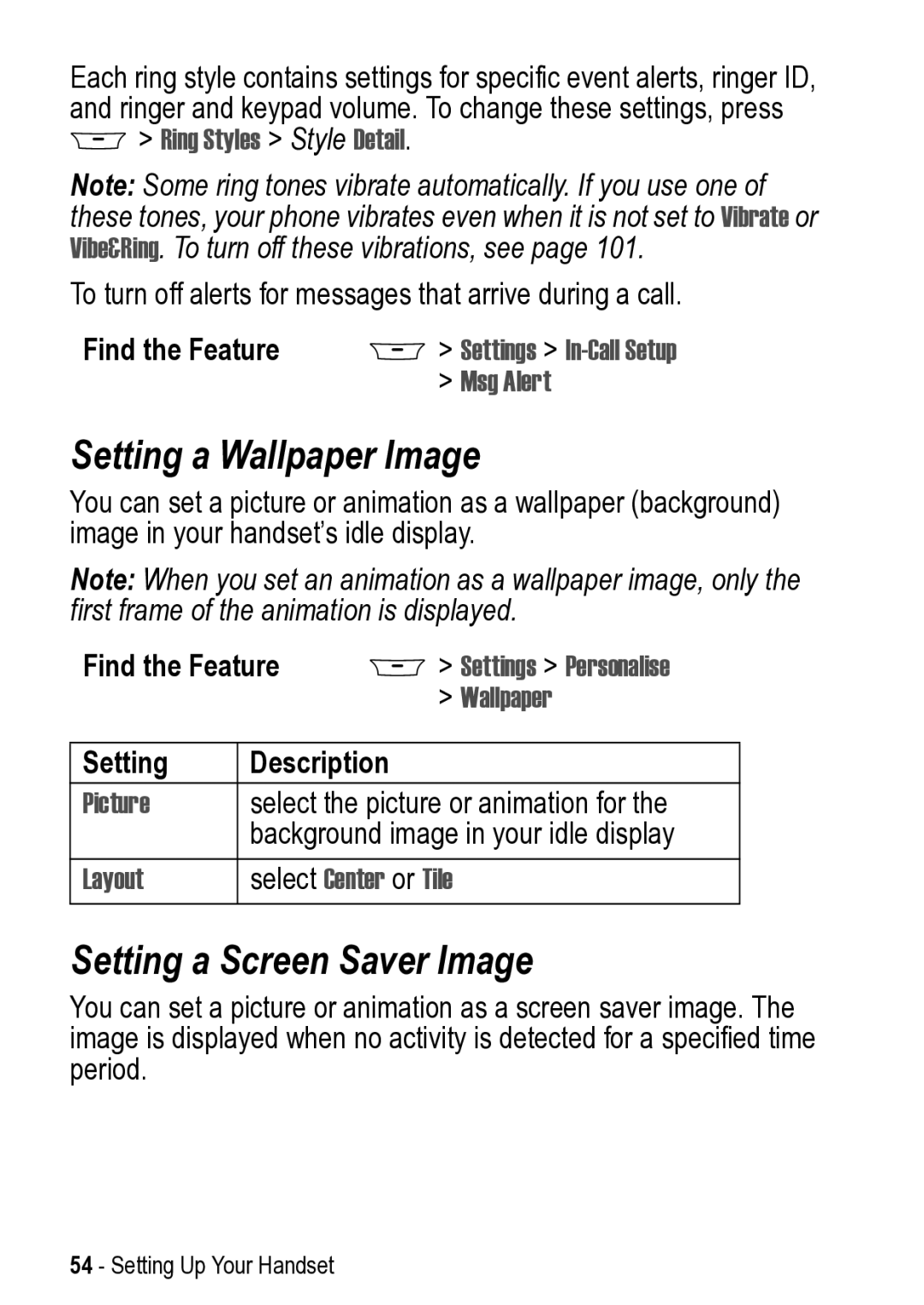 Motorola 031431a manual Setting a Wallpaper Image, Setting a Screen Saver Image 