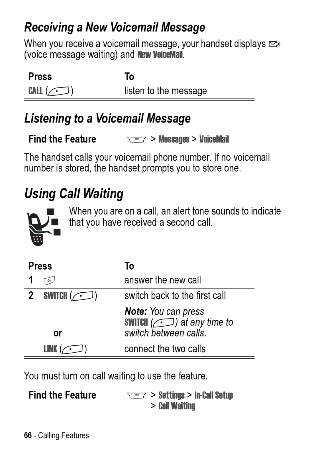 Motorola 031431a manual Using Call Waiting, Receiving a New Voicemail Message, Listening to a Voicemail Message 