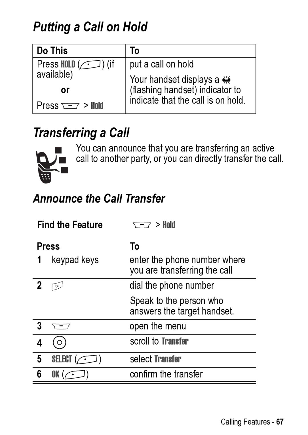 Motorola 031431a manual Putting a Call on Hold, Transferring a Call, Announce the Call Transfer, Select Transfer 