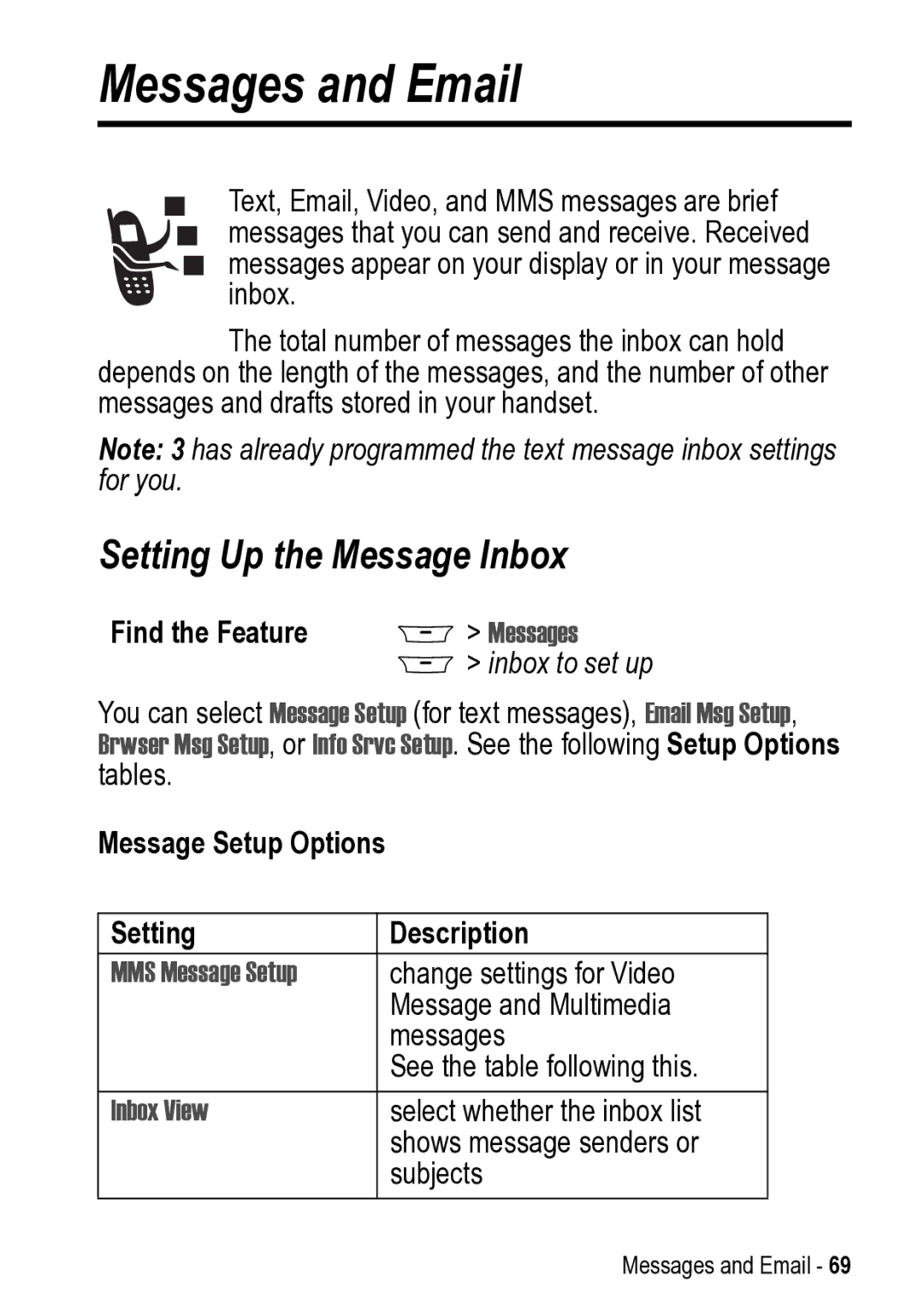 Motorola 031431a Messages and Email, Setting Up the Message Inbox, Message Setup Options Setting Description, Inbox View 