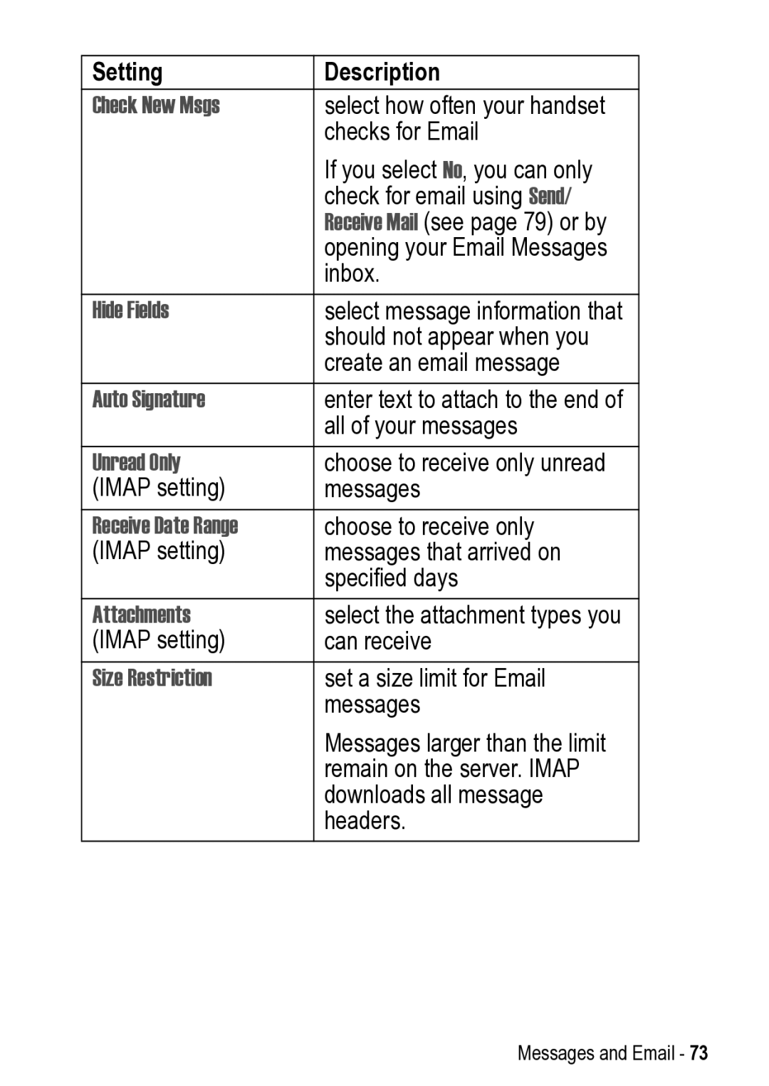 Motorola 031431a manual Check New Msgs, Auto Signature, Attachments, Size Restriction 