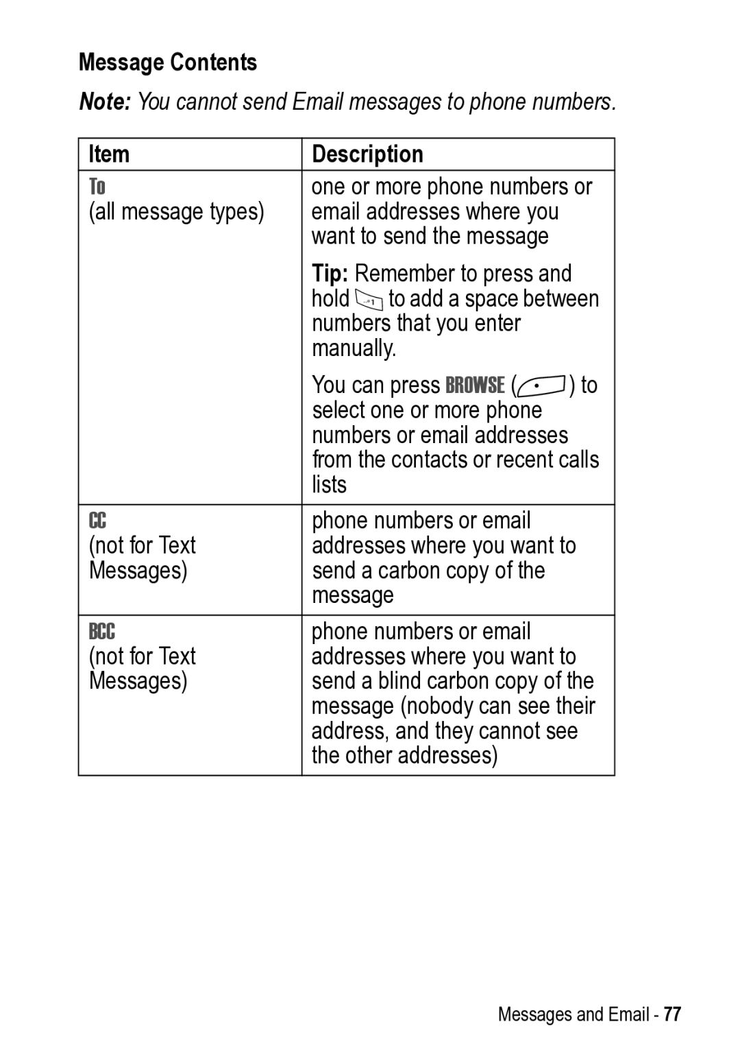 Motorola 031431a manual Message Contents Description 