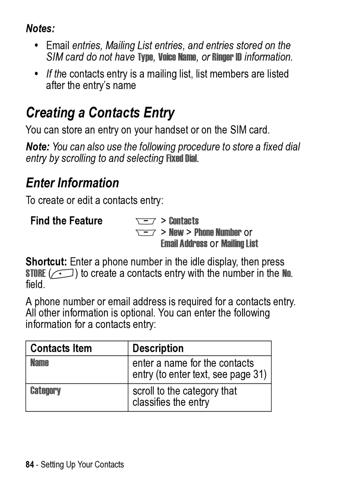 Motorola 031431a Creating a Contacts Entry, Enter Information, New Phone Number or, Contacts Item Description, Category 