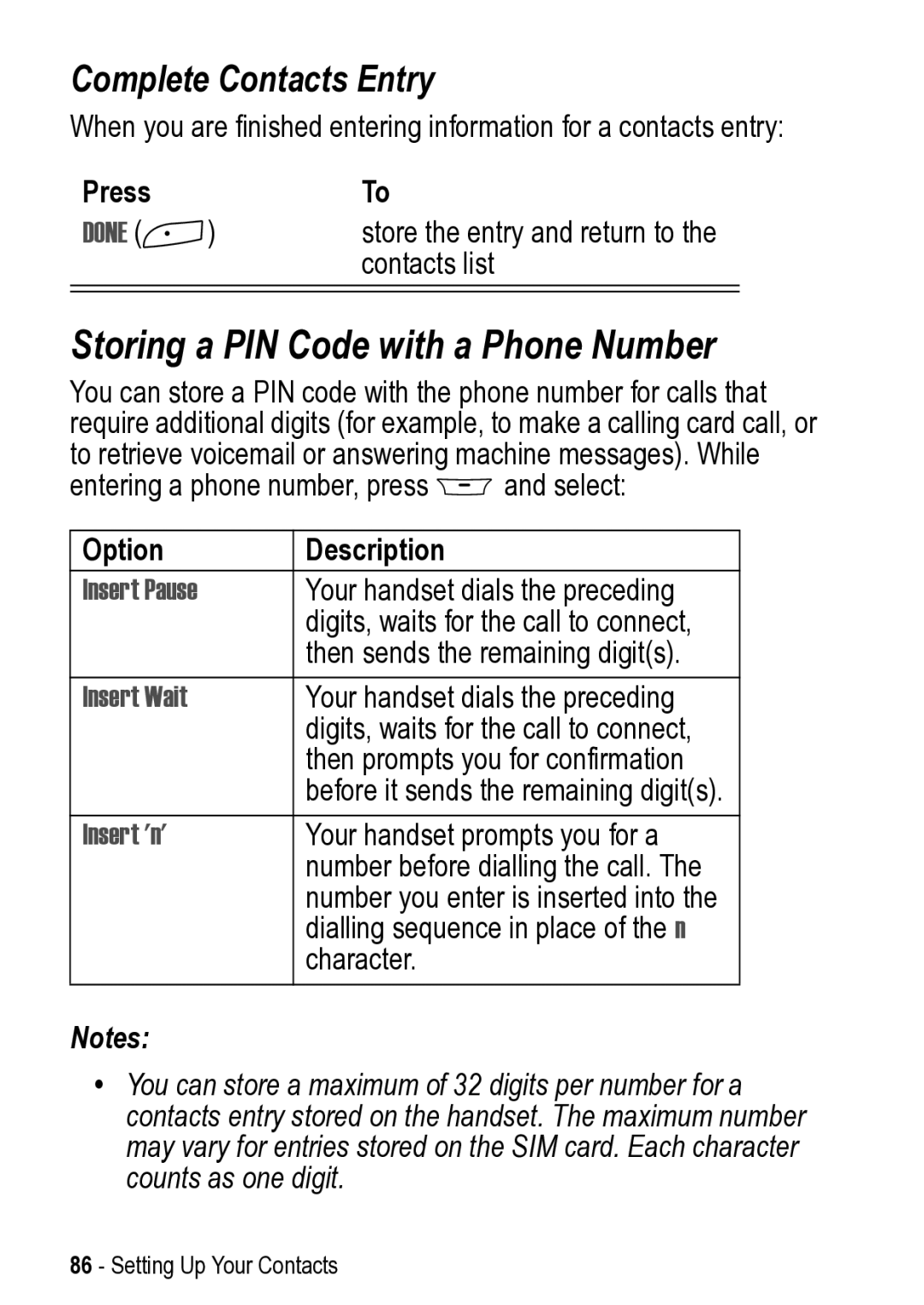 Motorola 031431a Storing a PIN Code with a Phone Number, Complete Contacts Entry, Insert Pause, Insert Wait, Insert n 