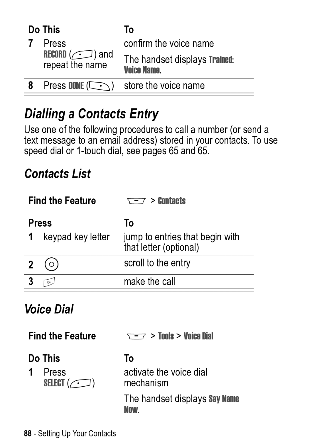 Motorola 031431a manual Dialling a Contacts Entry, Contacts List, Voice Dial 