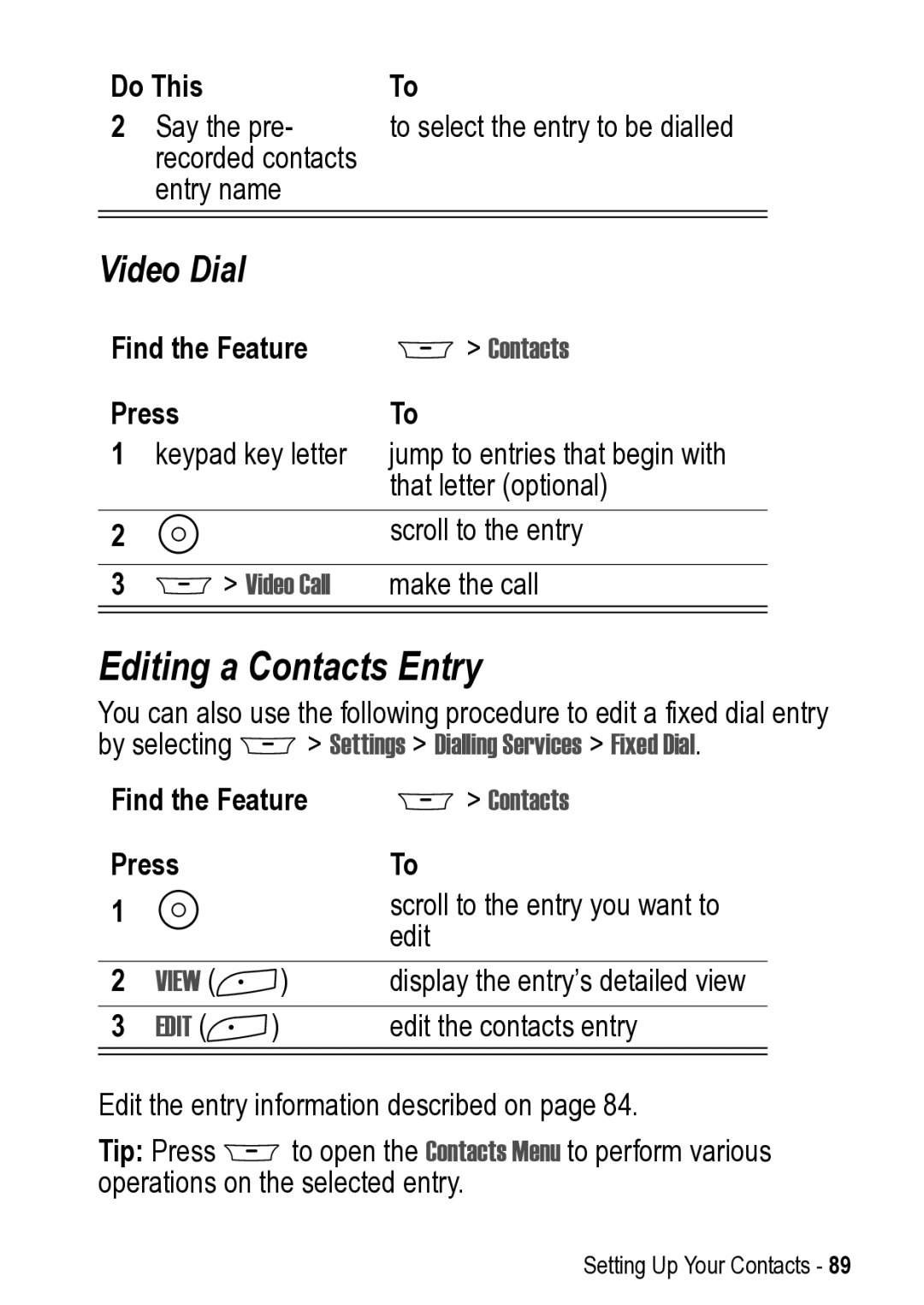 Motorola 031431a manual Editing a Contacts Entry, Video Dial, View +, Edit + 