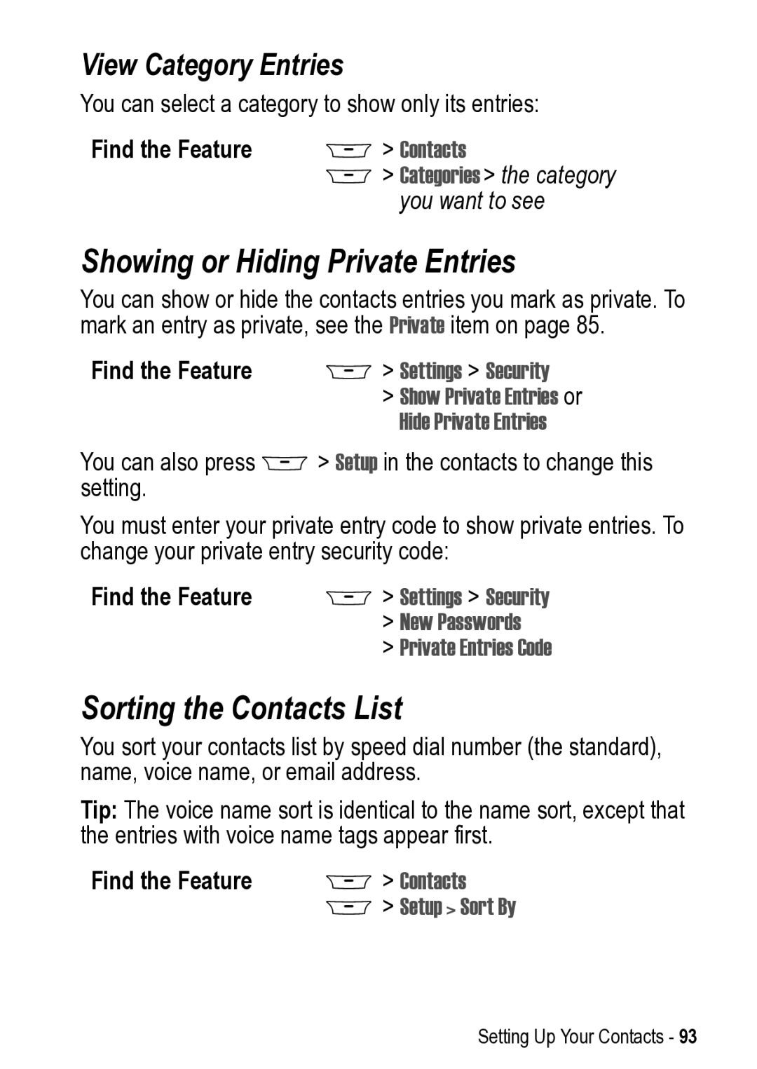 Motorola 031431a Showing or Hiding Private Entries, Sorting the Contacts List, View Category Entries, Hide Private Entries 