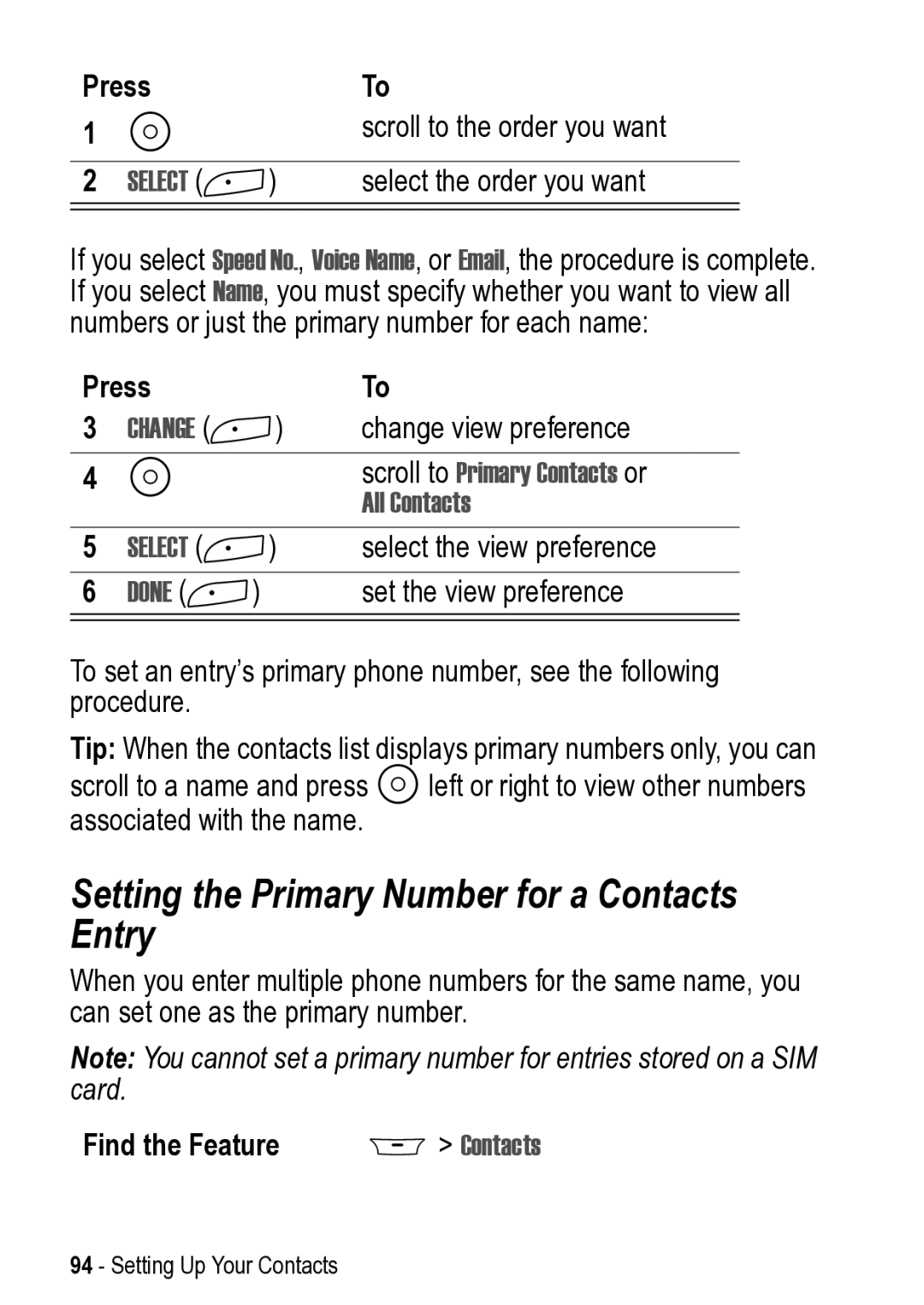 Motorola 031431a manual Setting the Primary Number for a Contacts Entry, Press Scroll to the order you want, All Contacts 