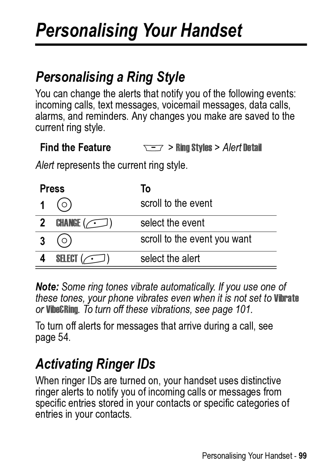 Motorola 031431a Personalising Your Handset, Personalising a Ring Style, Activating Ringer IDs, Ring Styles Alert Detail 