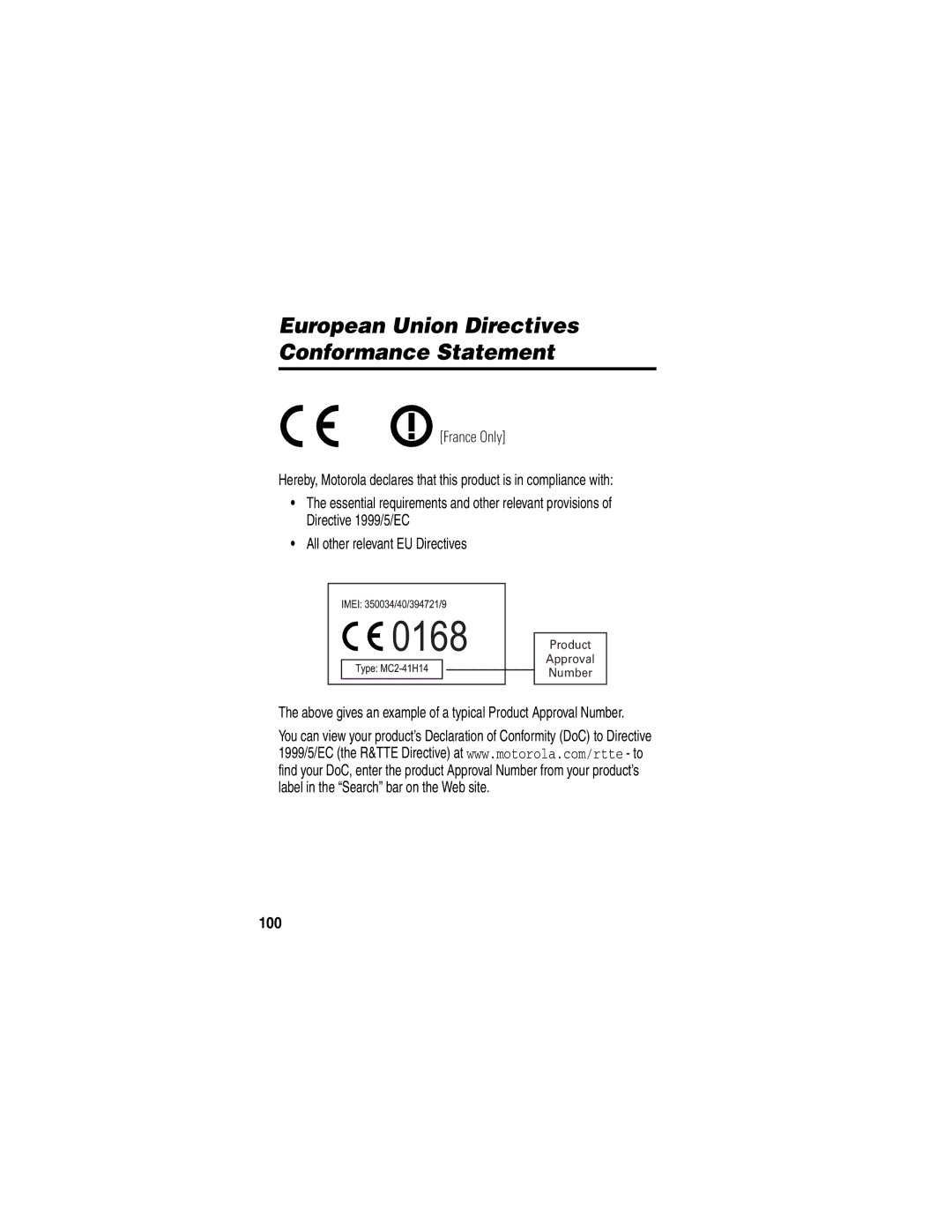 Motorola 040128o manual European Union Directives Conformance Statement, 100 