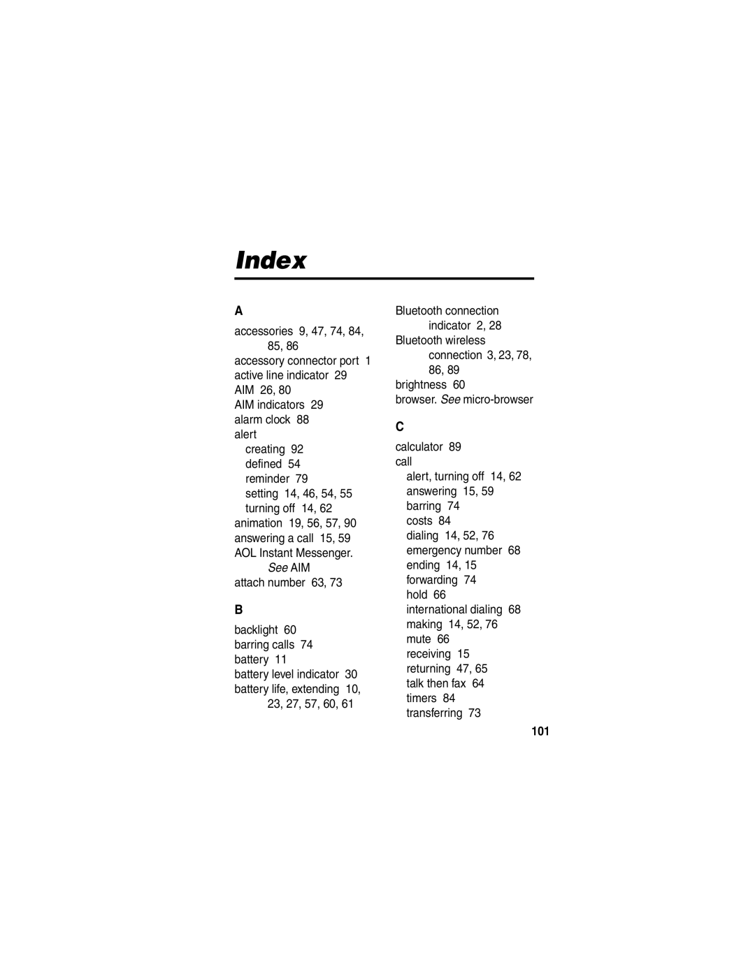 Motorola 040128o manual Index, 101 