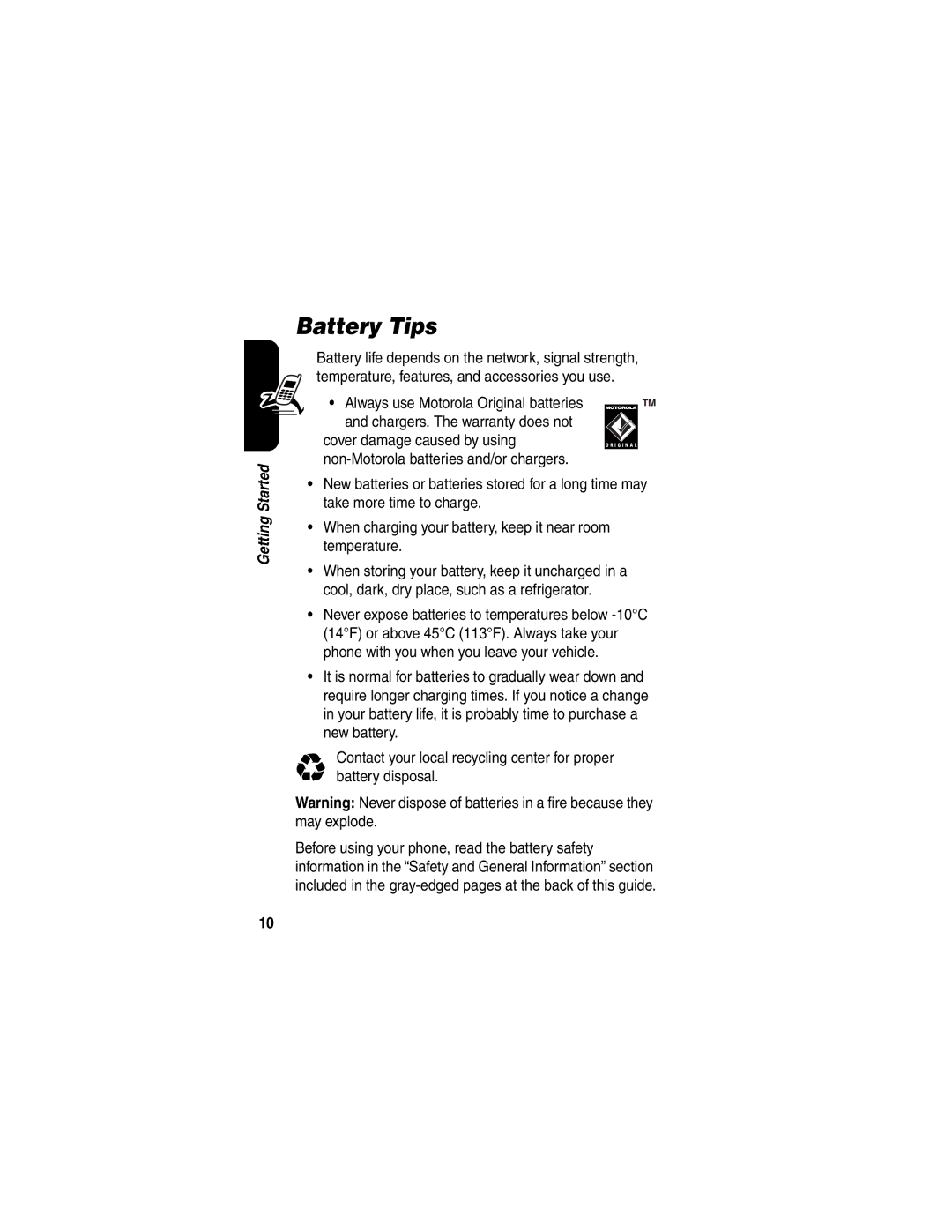 Motorola 040128o manual Battery Tips 