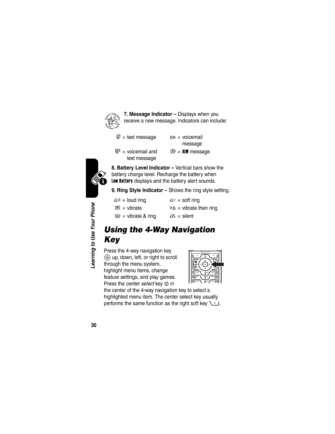 Motorola 040128o manual Using the 4-Way Navigation Key 