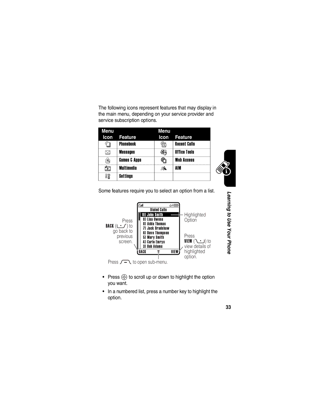 Motorola 040128o manual Some features require you to select an option from a list, Go back to, Previous, Screen 