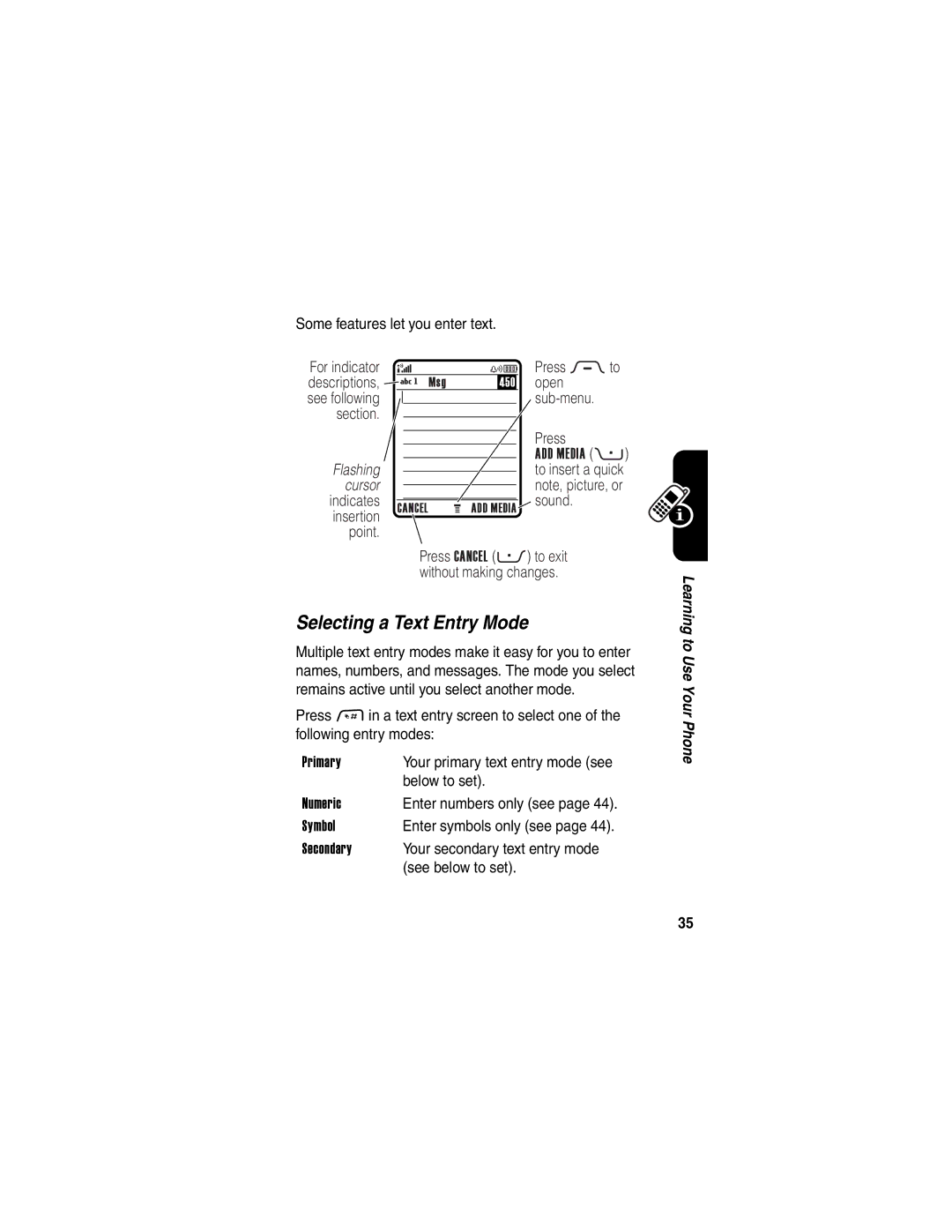 Motorola 040128o manual Selecting a Text Entry Mode 