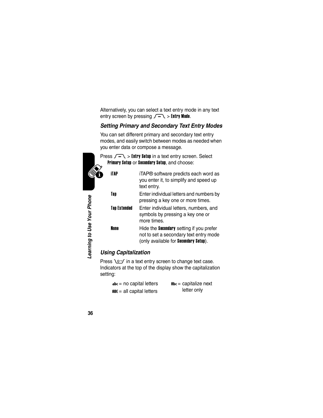 Motorola 040128o manual Setting Primary and Secondary Text Entry Modes 