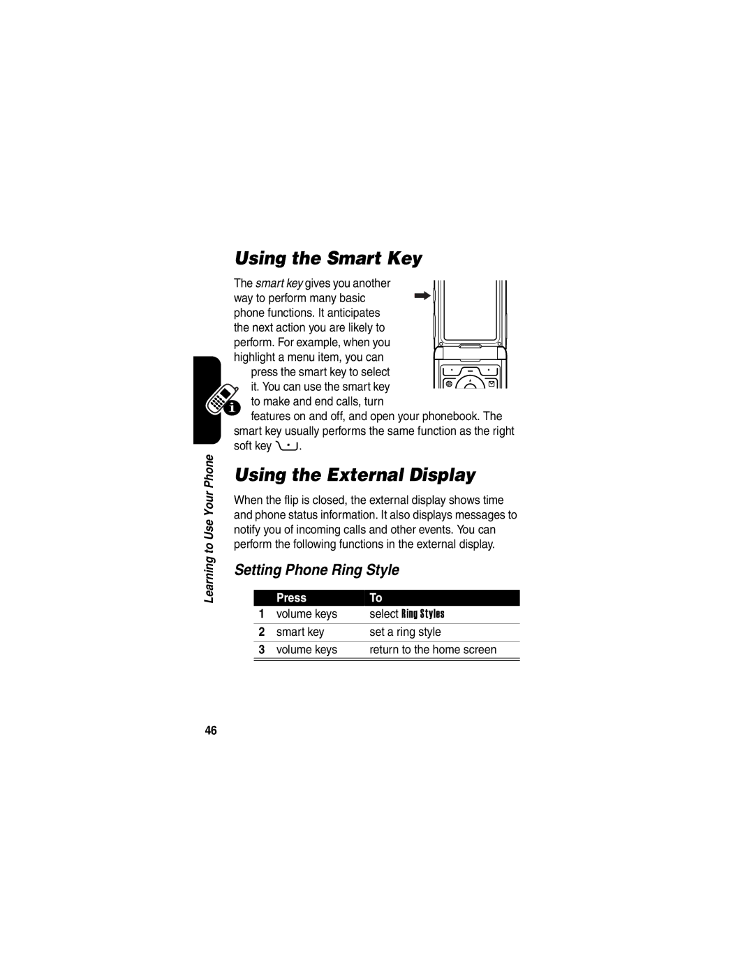 Motorola 040128o manual Using the Smart Key, Using the External Display, Setting Phone Ring Style 