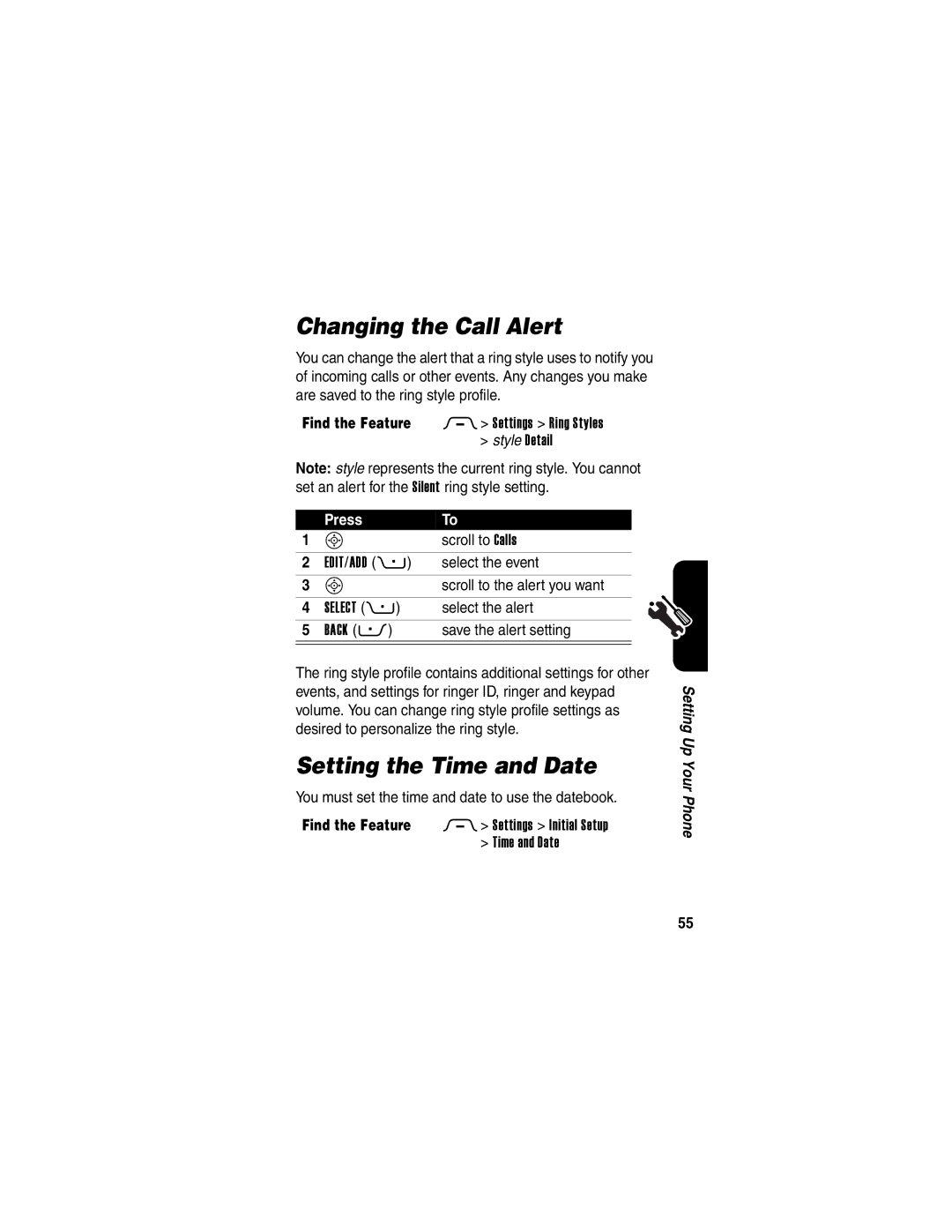 Motorola 040128o manual Changing the Call Alert, Setting the Time and Date 