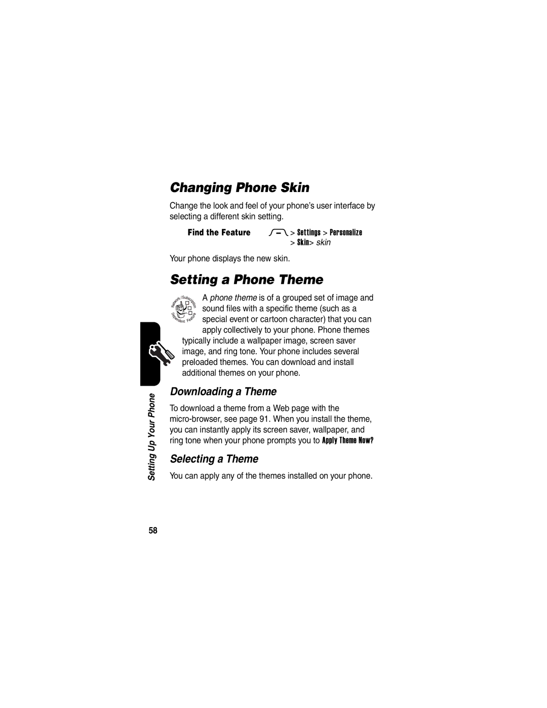 Motorola 040128o manual Changing Phone Skin, Setting a Phone Theme, Downloading a Theme, Selecting a Theme 