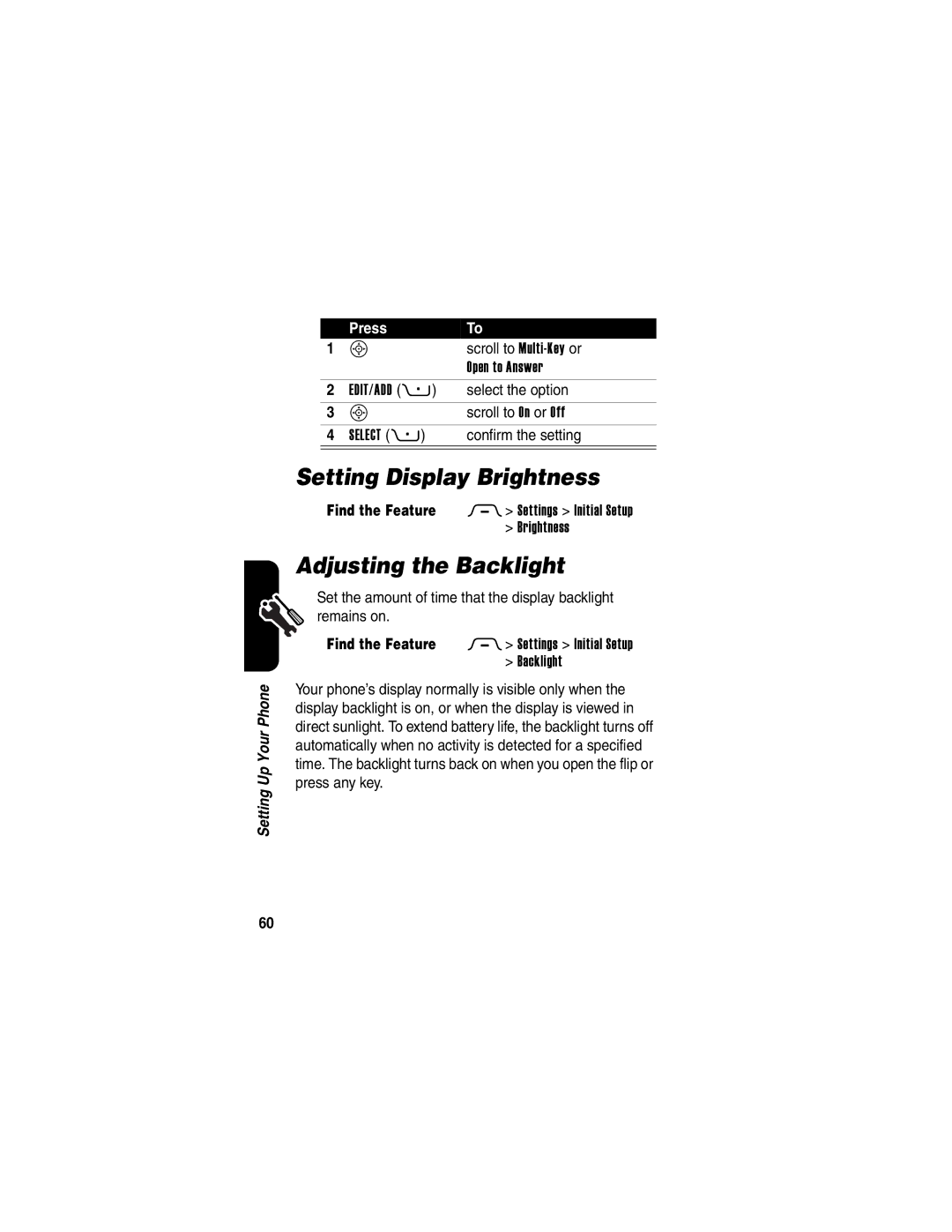 Motorola 040128o manual Setting Display Brightness, Adjusting the Backlight, Scroll to Multi-Key or, Scroll to On or Off 