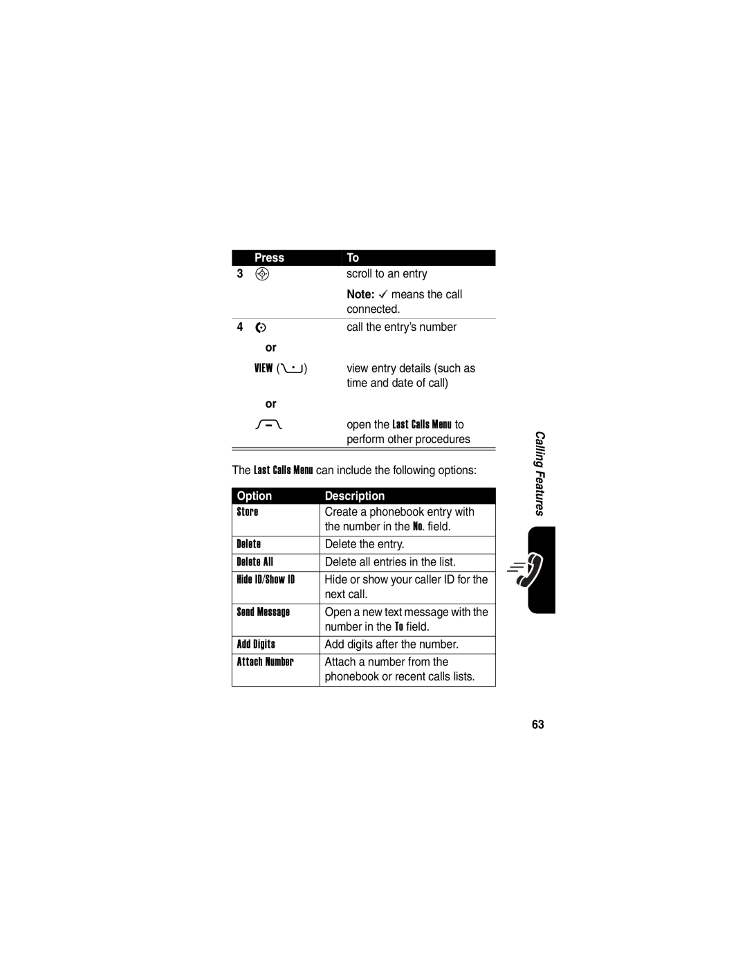 Motorola 040128o Scroll to an entry, Connected, Call the entry’s number, View entry details such as, Time and date of call 