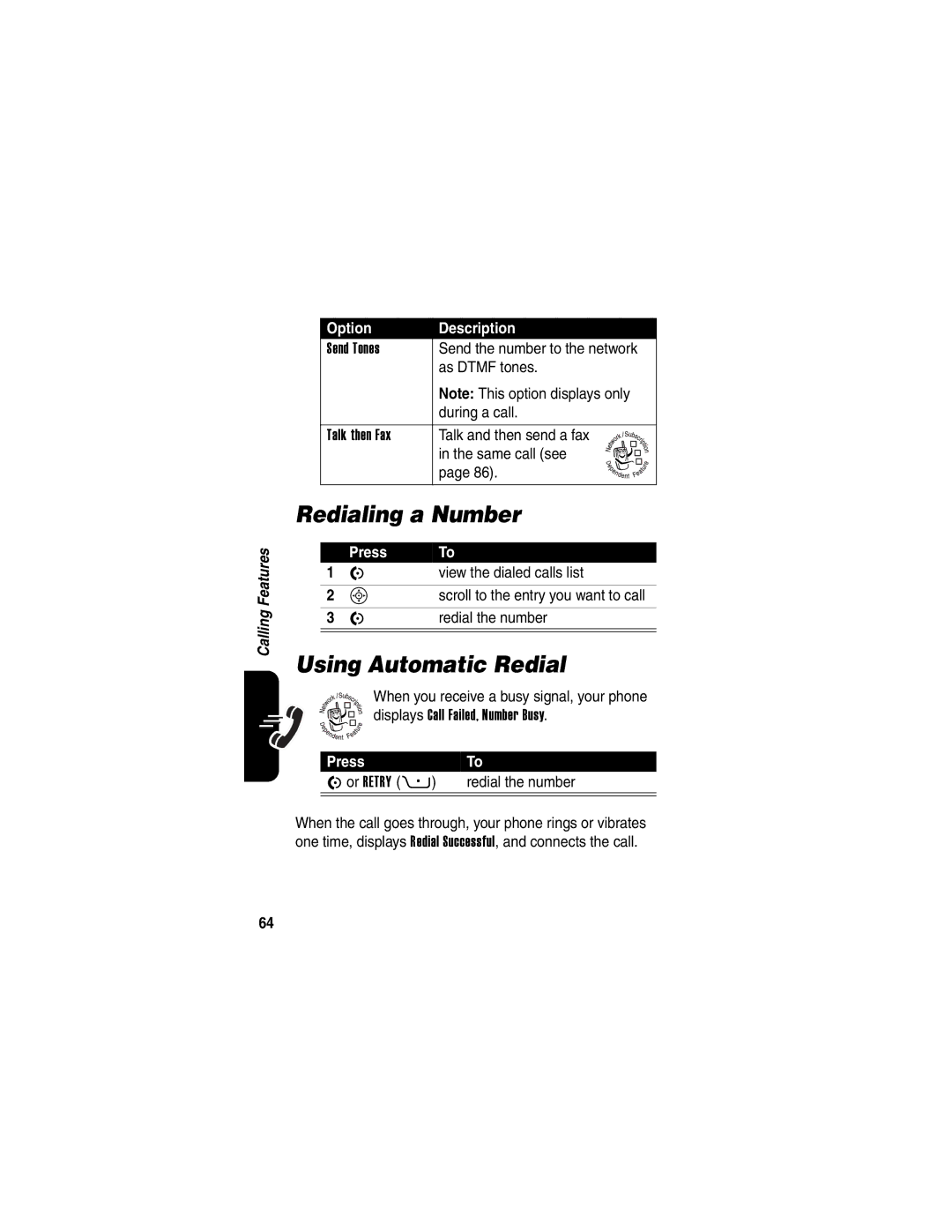 Motorola 040128o manual Redialing a Number, Using Automatic Redial, View the dialed calls list, Redial the number 