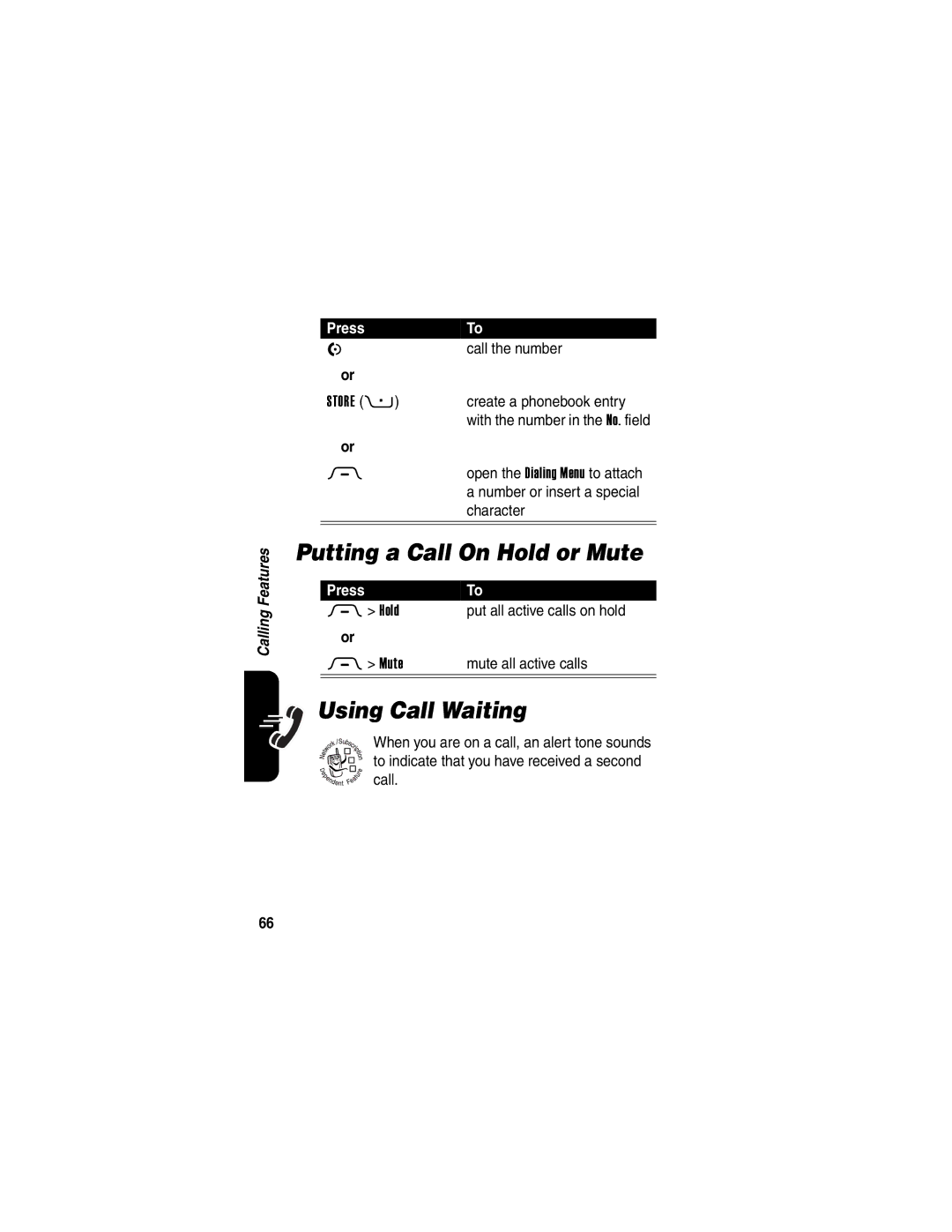 Motorola 040128o manual Putting a Call On Hold or Mute, Using Call Waiting 