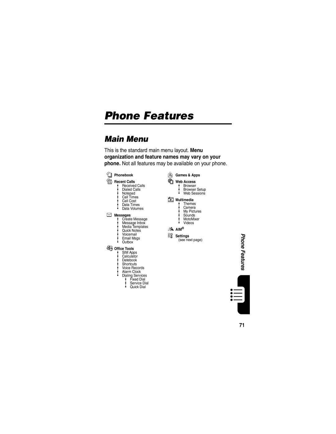 Motorola 040128o manual Phone Features, Main Menu 